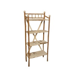 Rustic Traditional White Painted Stick and Ball Bamboo Shelf or Side Table