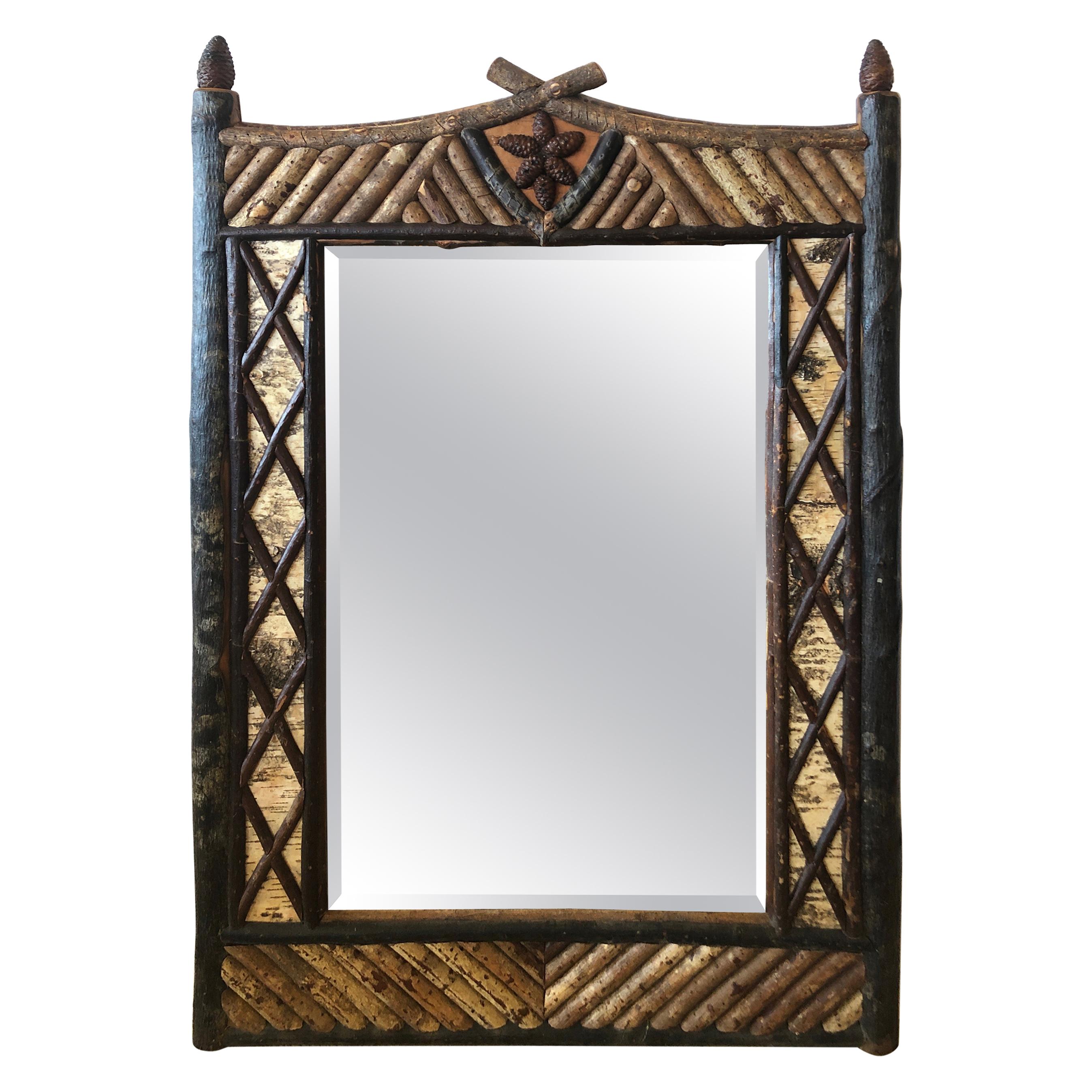 Rustic Tramp Art Faux Bois Mirror with Birch Paper and Twigs