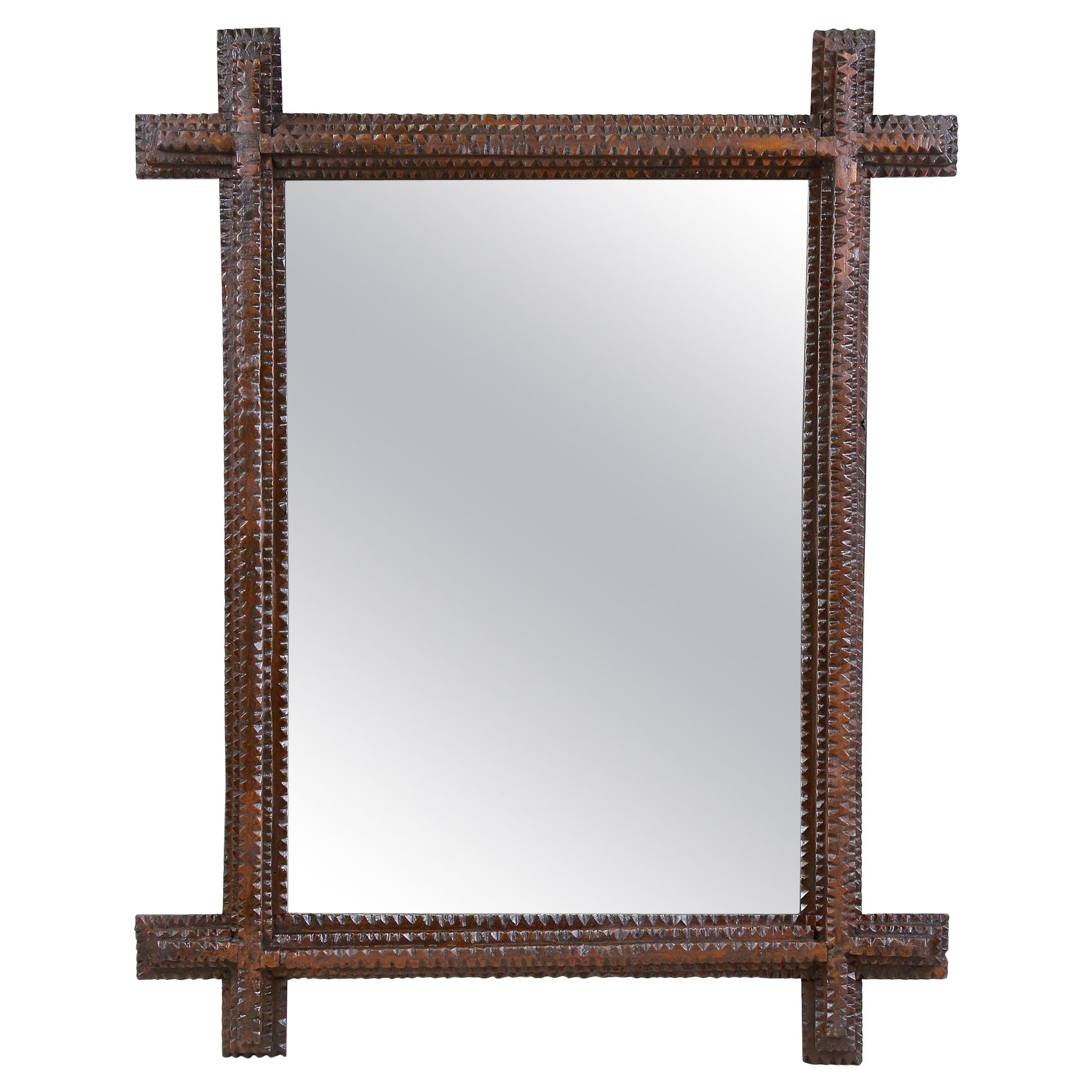 Rustic Tramp Art Wall Mirror, Basswood Hand Carved, Austria, circa 1860