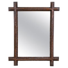 Antique Rustic Tramp Art Wall Mirror, Basswood Hand Carved, Austria, circa 1860