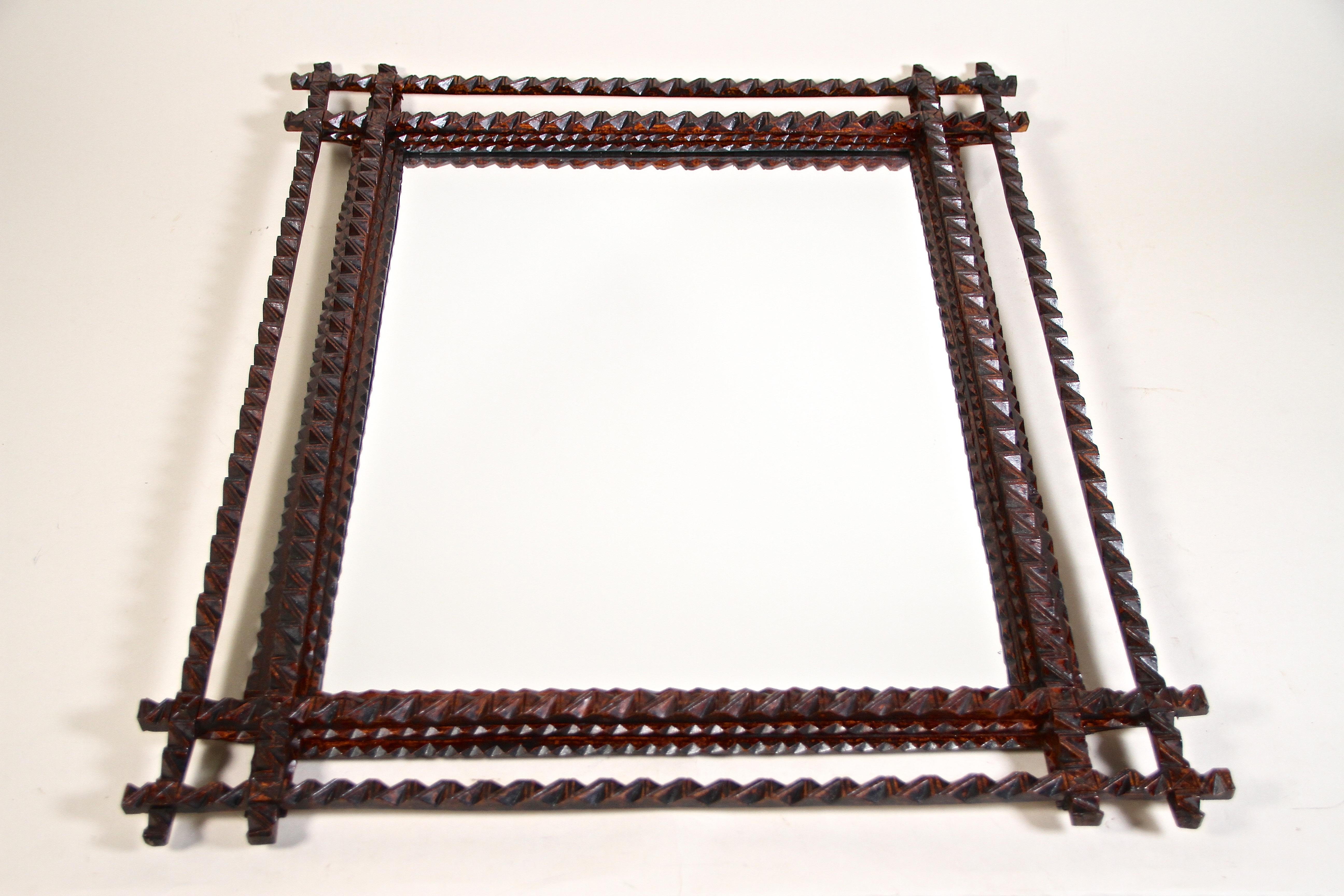 Rustic Tramp Art Wall Mirror Basswood Hand Carved, Austria, circa 1880 For Sale 3