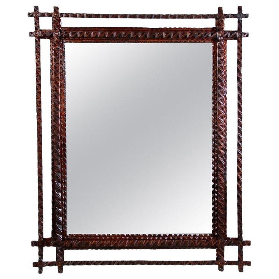 Rustic Tramp Art Wall Mirror Basswood Hand Carved, Austria, circa 1880