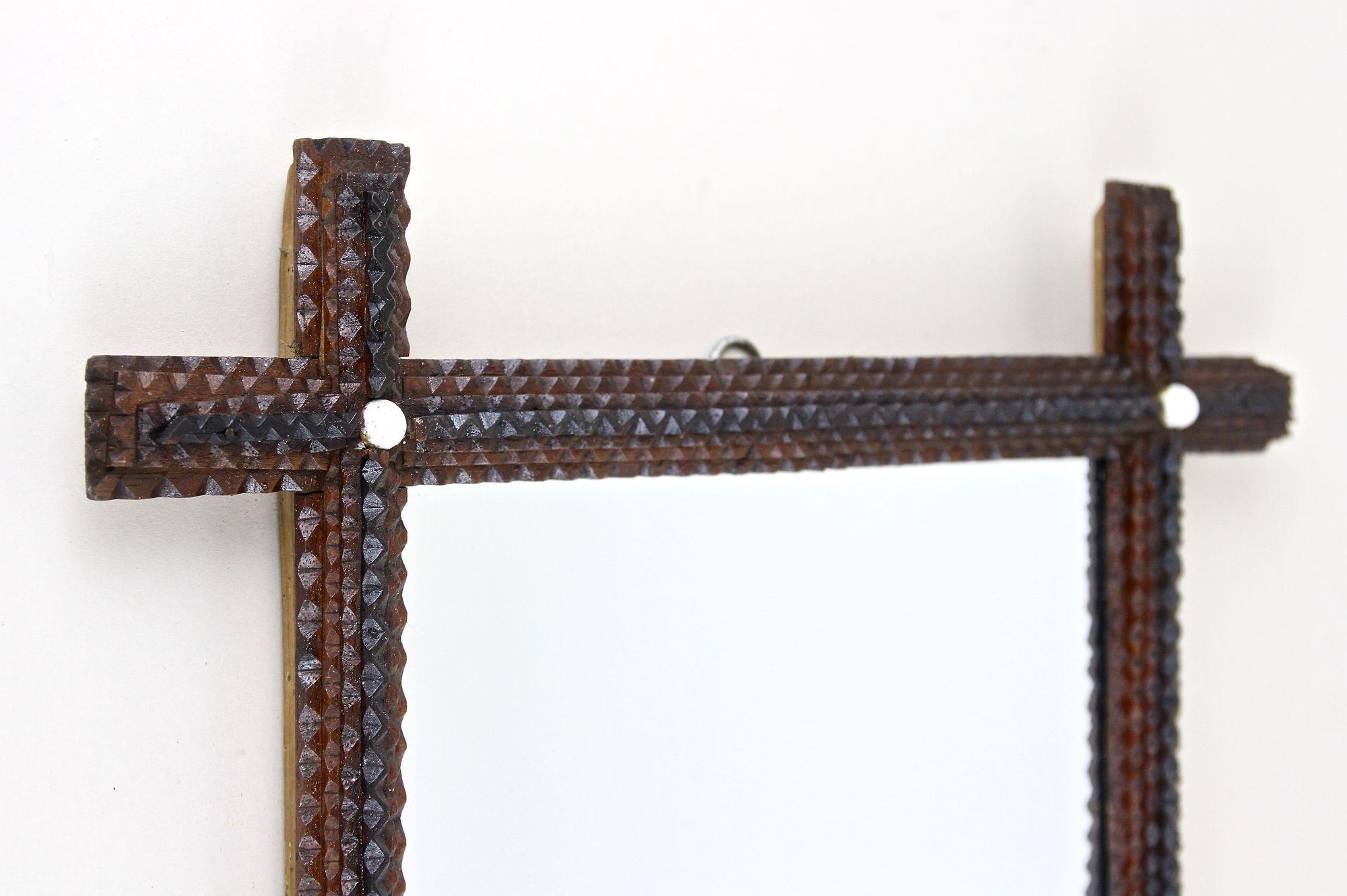 Hand-Carved Rustic Tramp Art Wall Mirror, Basswood Handcarved, Austria circa 1870 For Sale