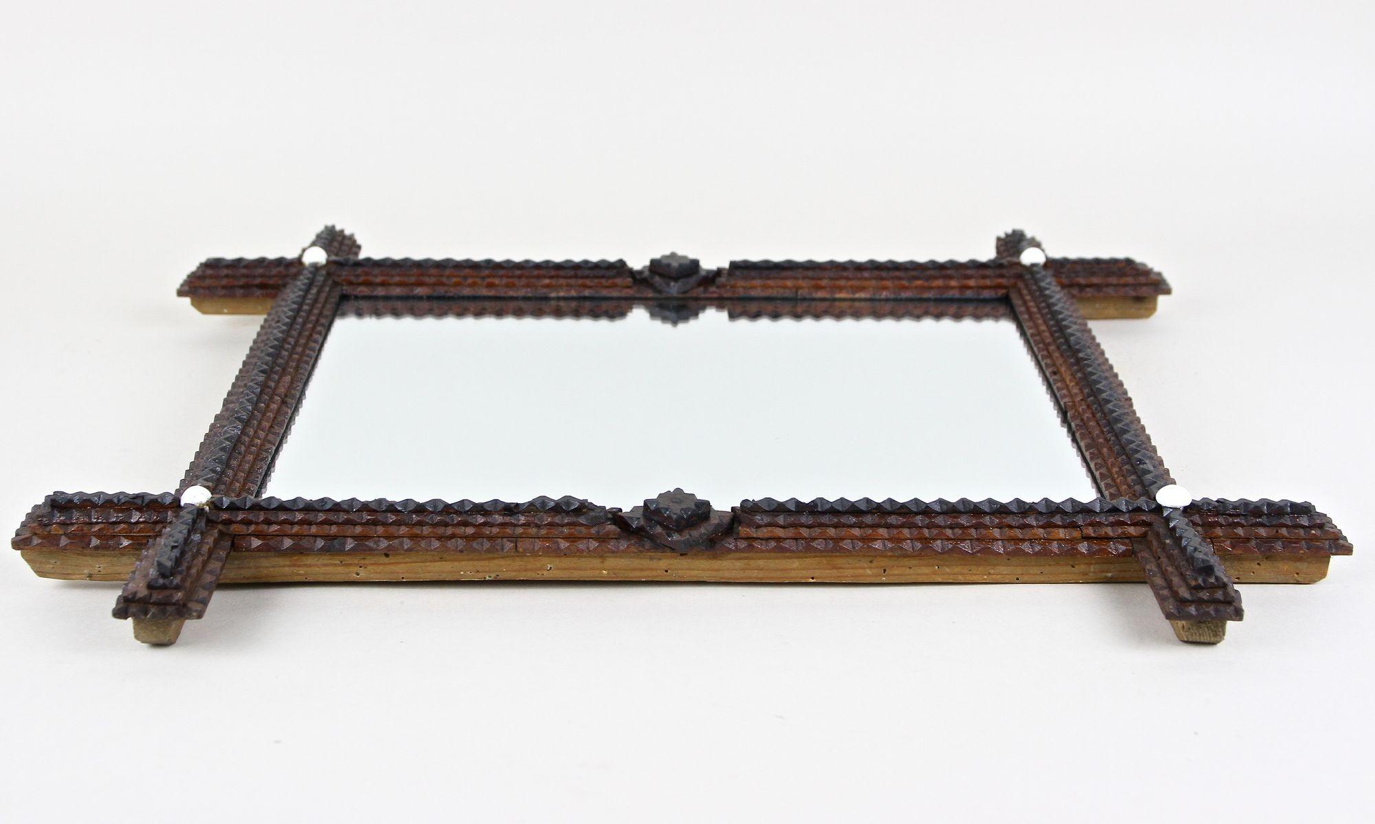 Rustic Tramp Art Wall Mirror, Basswood Handcarved, Austria circa 1870 For Sale 3