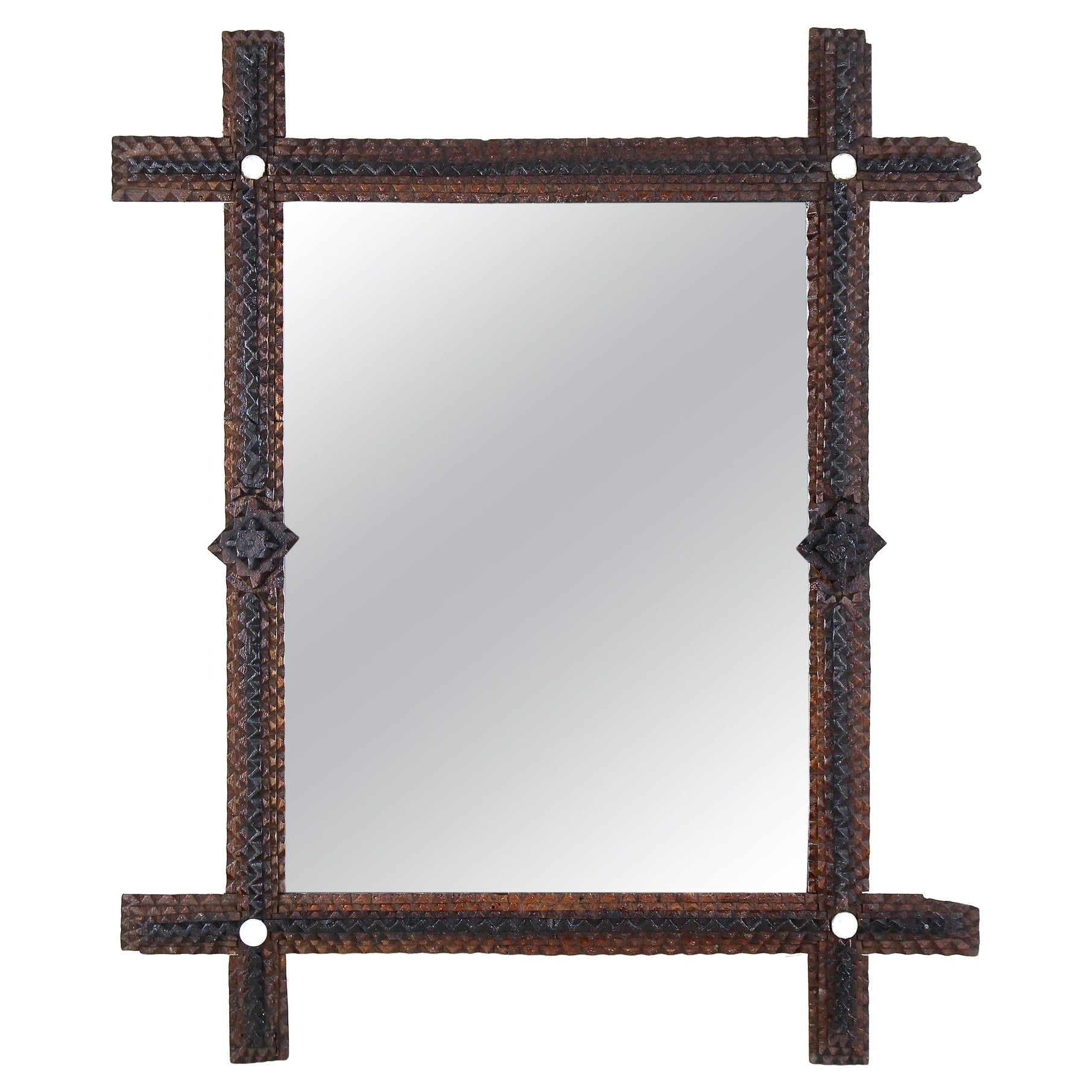 Rustic Tramp Art Wall Mirror, Basswood Handcarved, Austria circa 1870