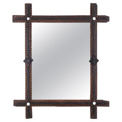 Rustic Tramp Art Wall Mirror, Basswood Handcarved, Austria circa 1870