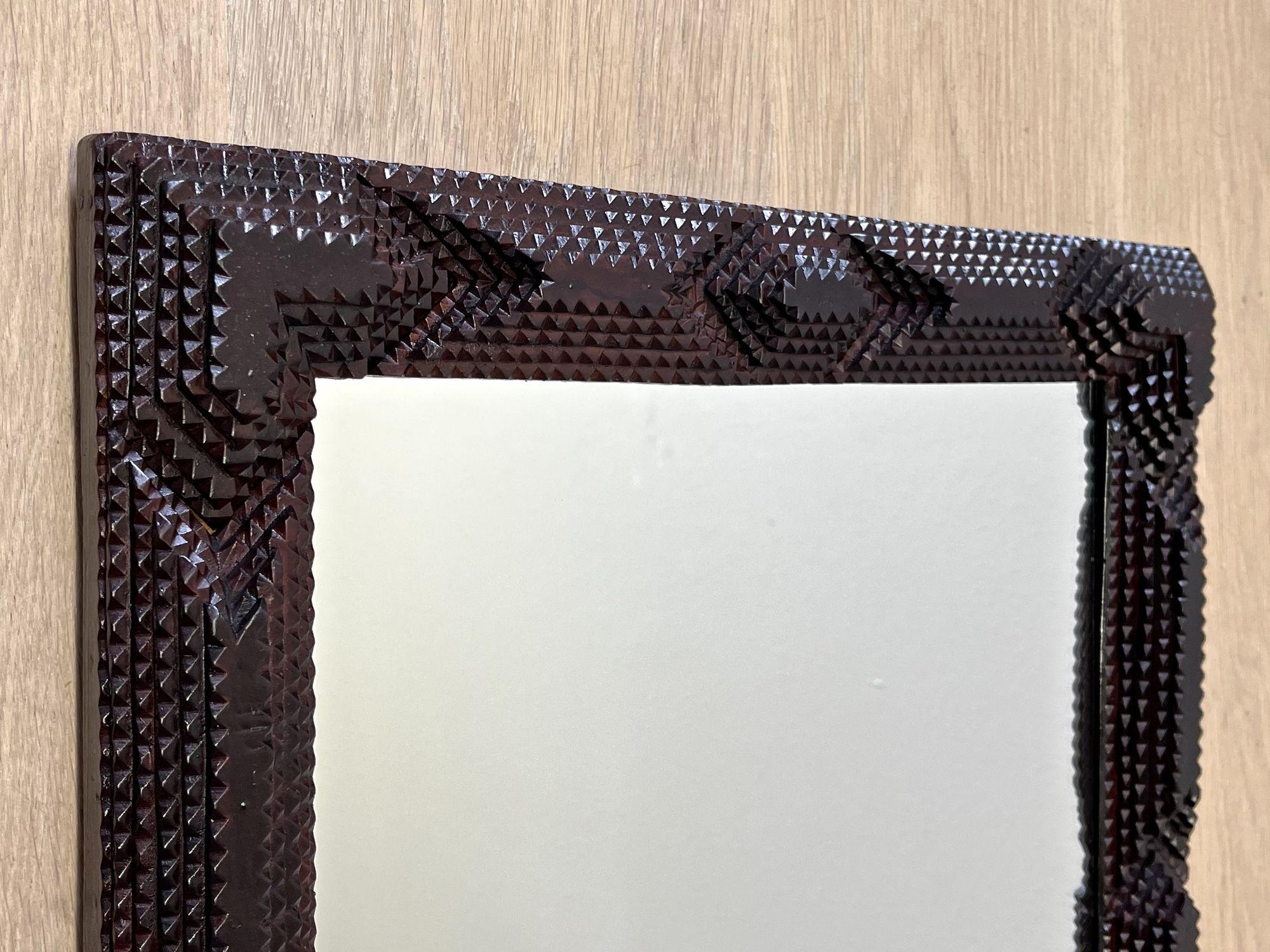Stained Rustic Tramp Art Wall Mirror, Chip Carved, Austria, circa 1870
