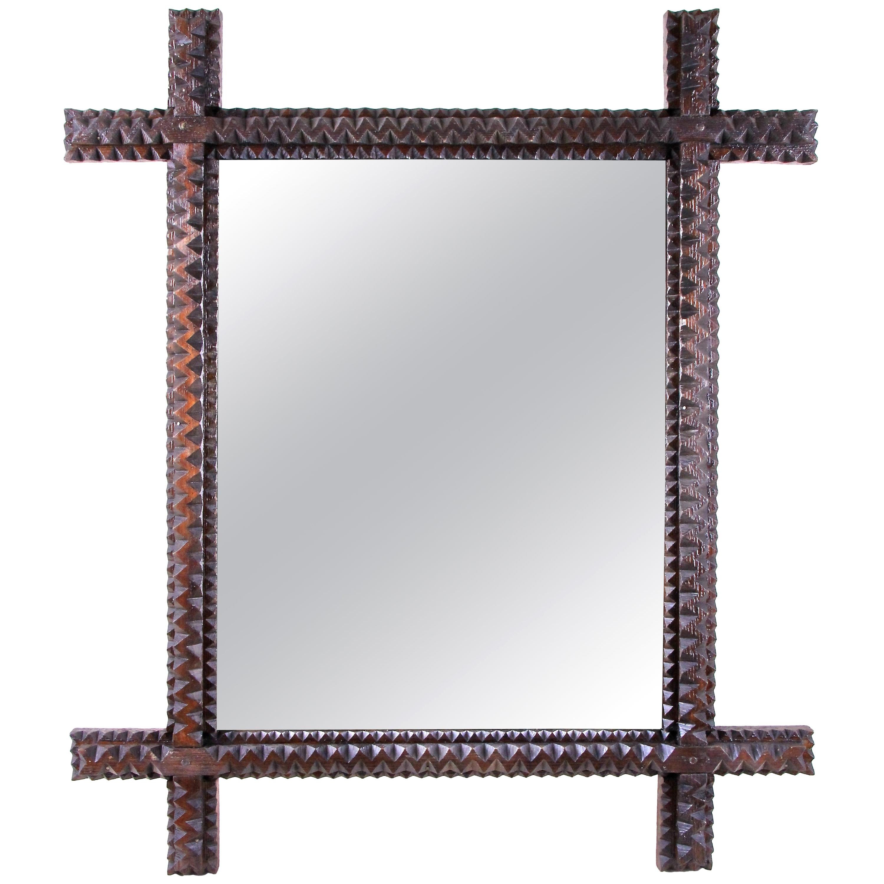 Rustic Tramp Art Wall Mirror Hand Carved, Austria, circa 1890 For Sale