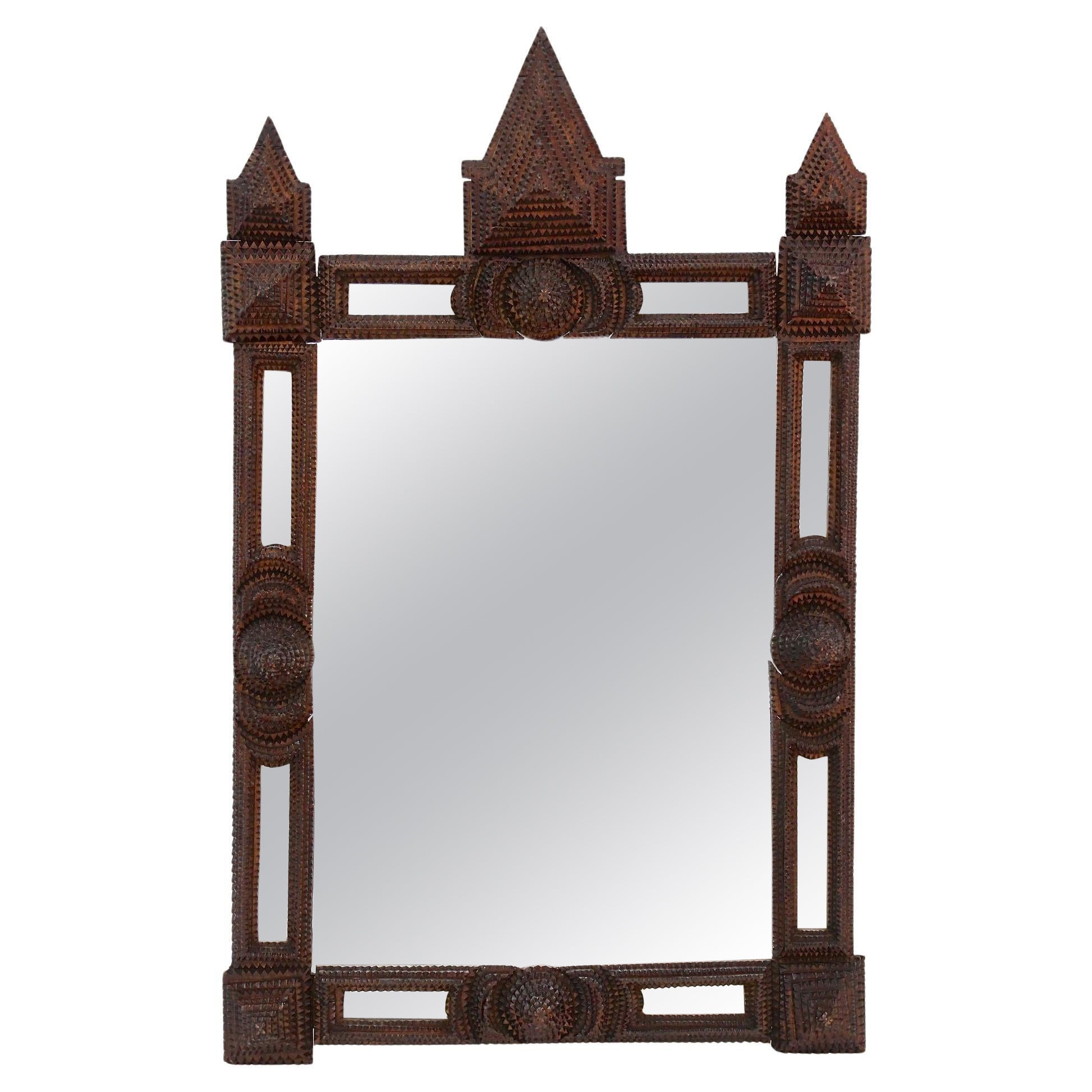 Rustic Tramp Art Wall Mirror, Handcarved, 19th Century, Austria ca. 1880