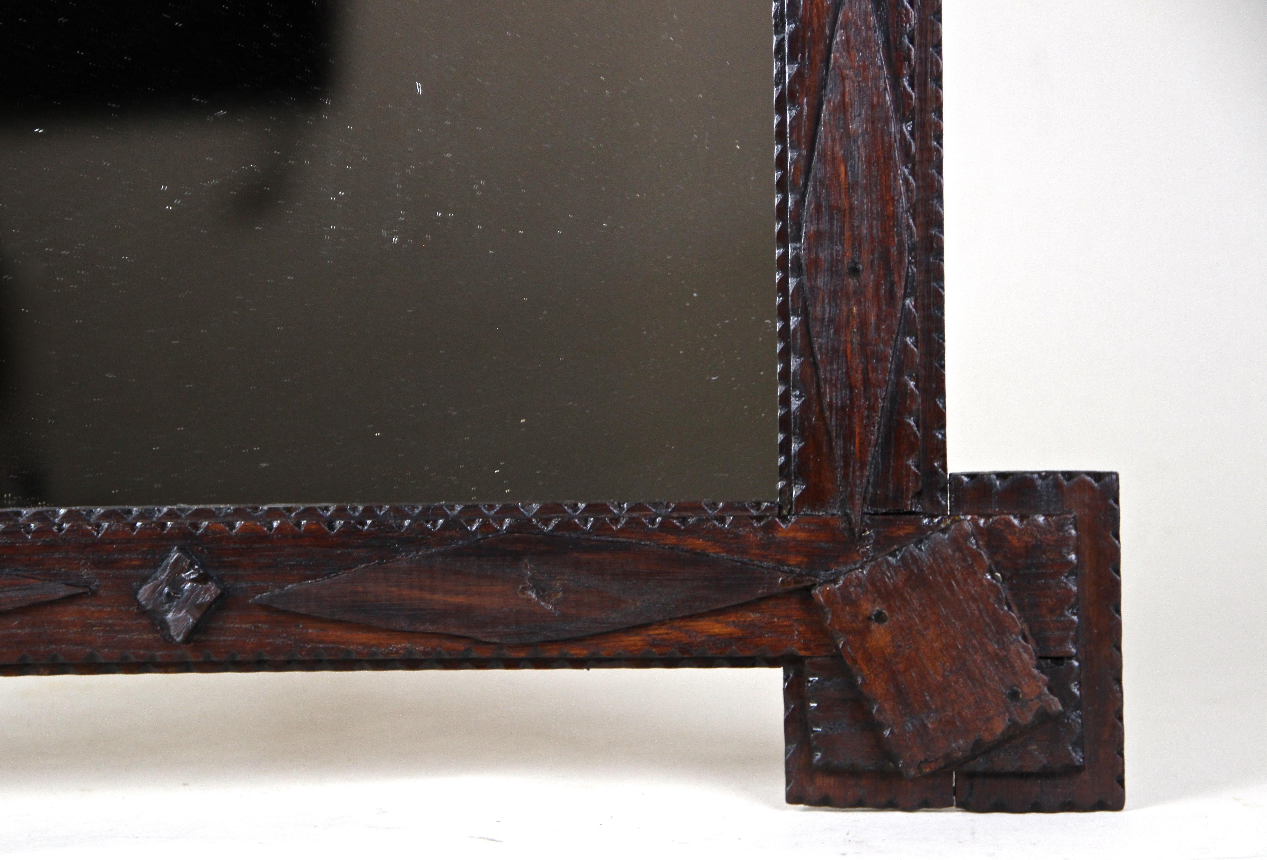 19th Century Rustic Tramp Art Wall Mirror with Extended Corners, Austria, circa 1870 For Sale