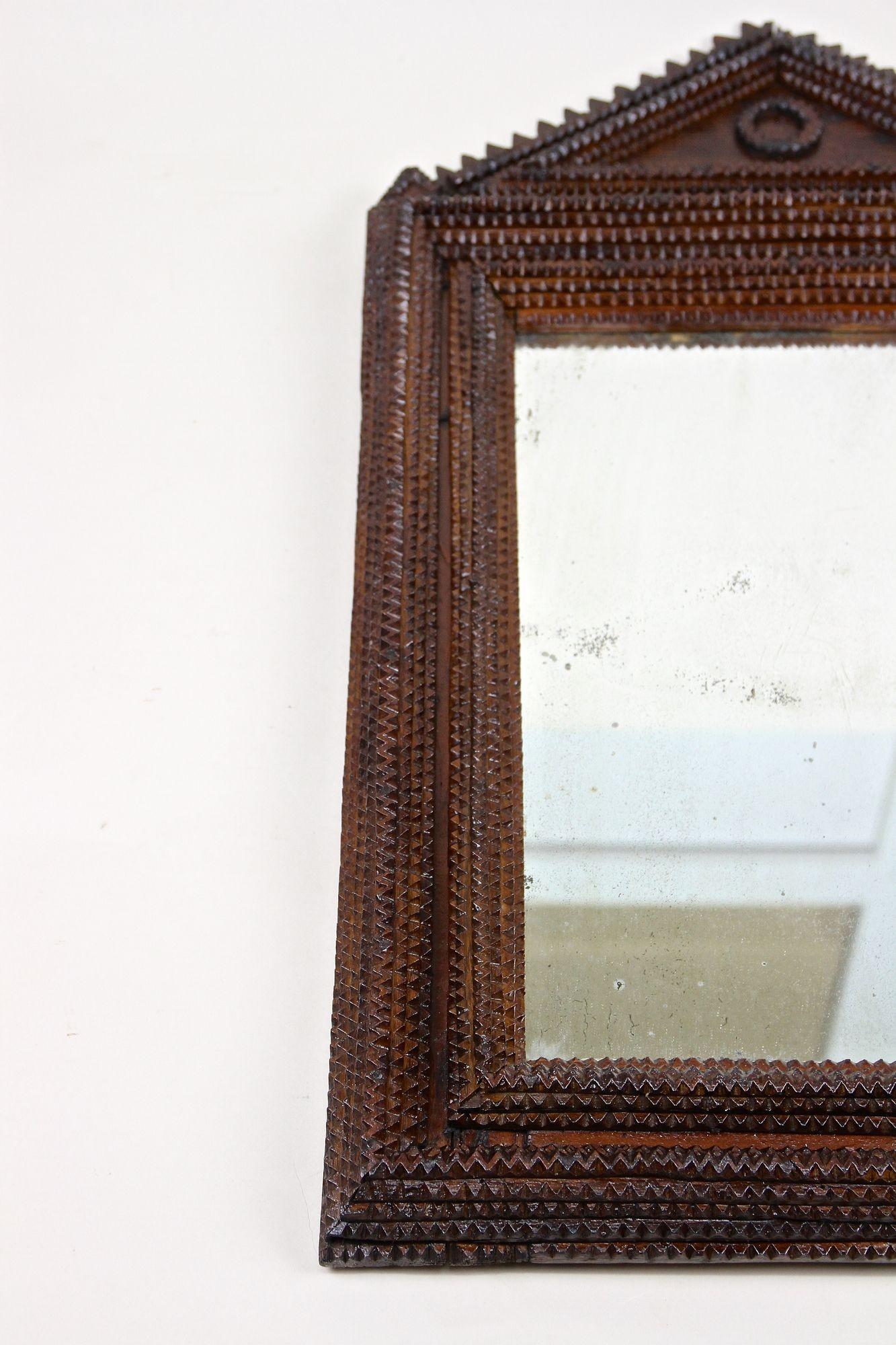 Rustic Tramp Art Wall Mirror With Original Mirror, Handcarved, Austria ca. 1860 For Sale 5
