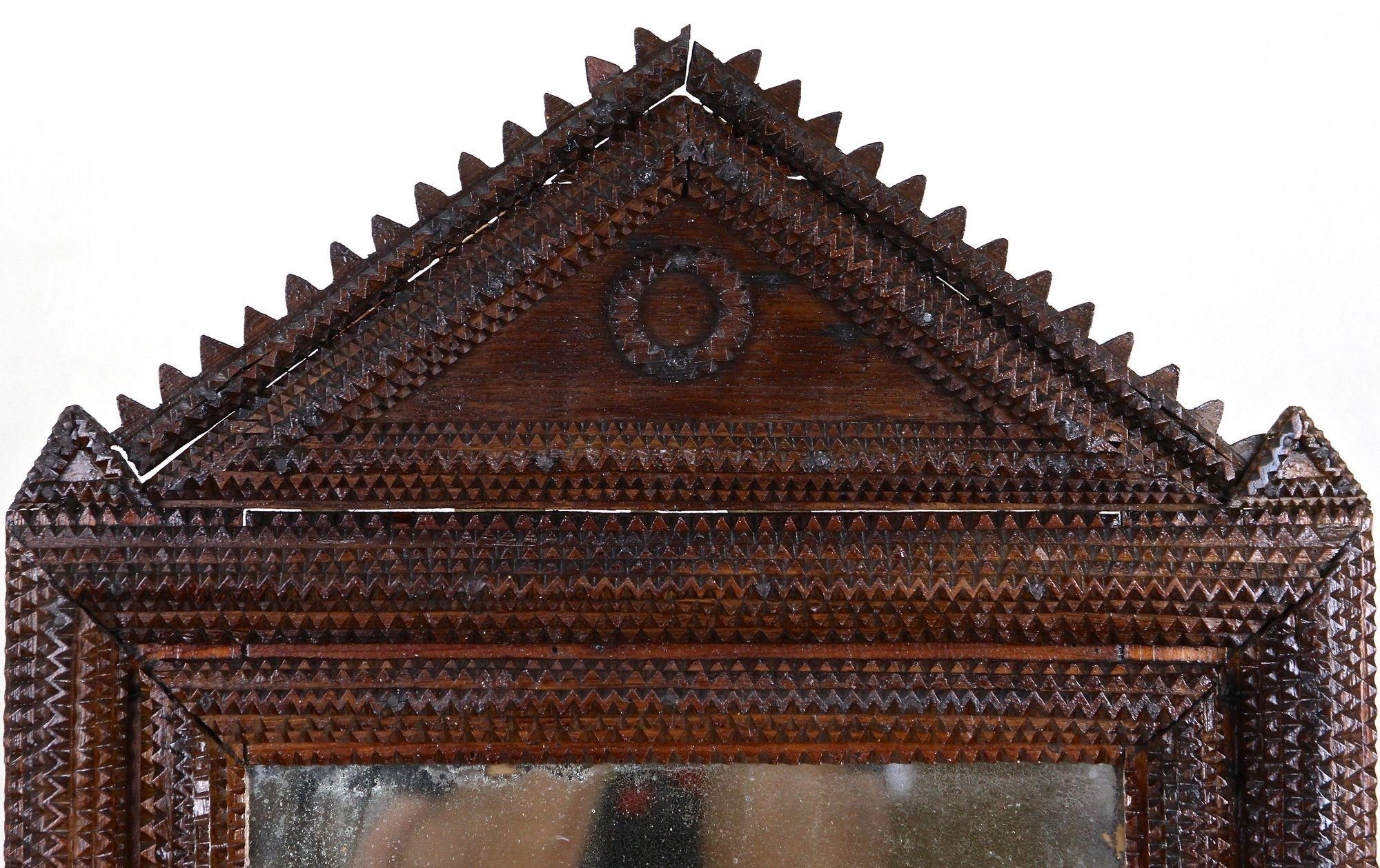 Rustic Tramp Art Wall Mirror With Original Mirror, Handcarved, Austria ca. 1860 For Sale 10