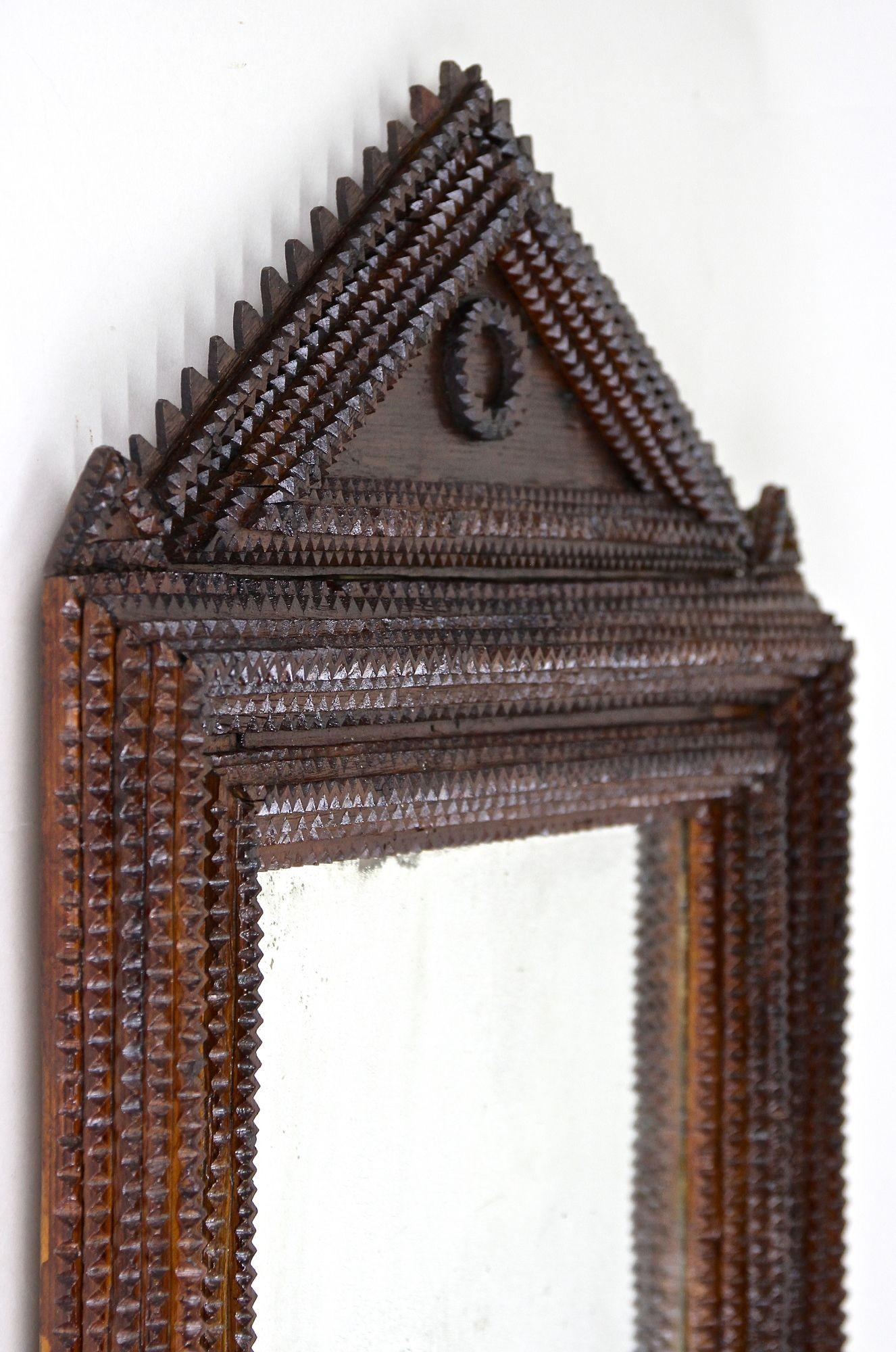 Rustic Tramp Art Wall Mirror With Original Mirror, Handcarved, Austria ca. 1860 For Sale 12