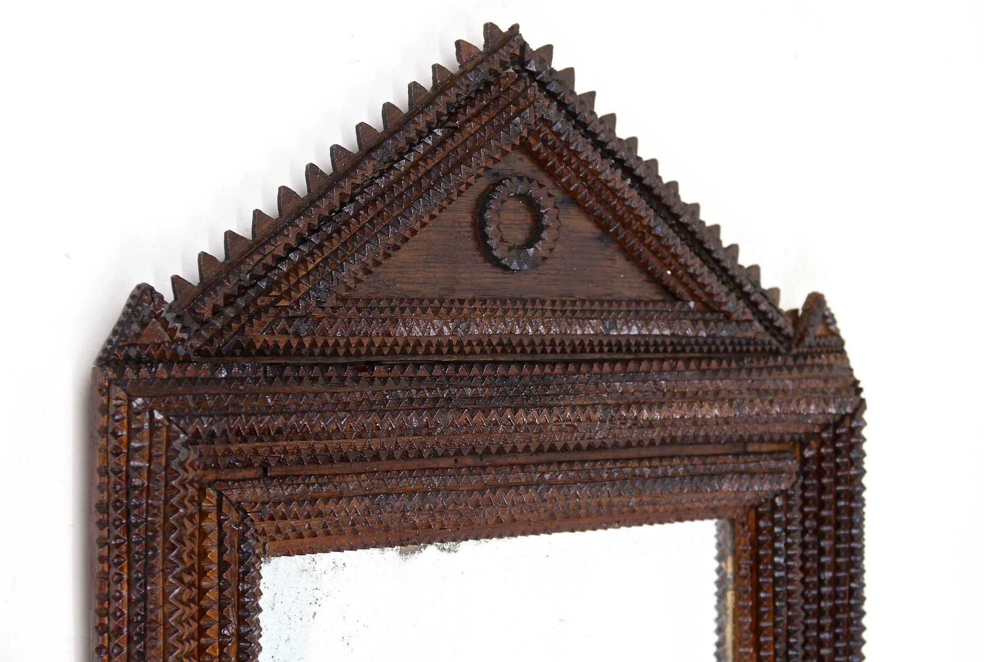 Hand-Carved Rustic Tramp Art Wall Mirror With Original Mirror, Handcarved, Austria ca. 1860 For Sale