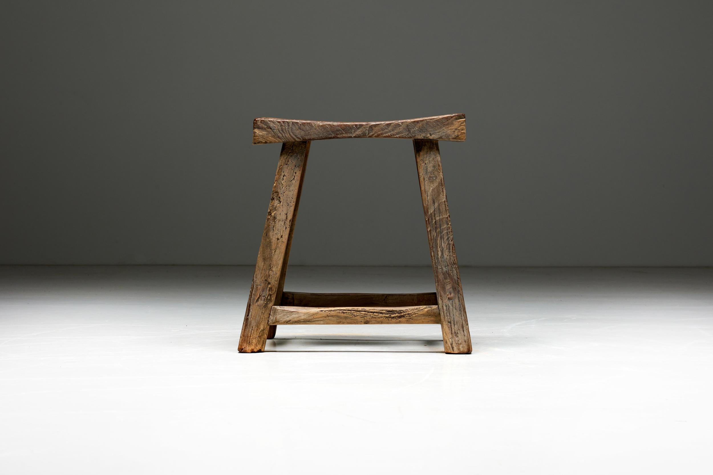 Wood Rustic Travail Populaire Stool, France, Early 20th Century For Sale