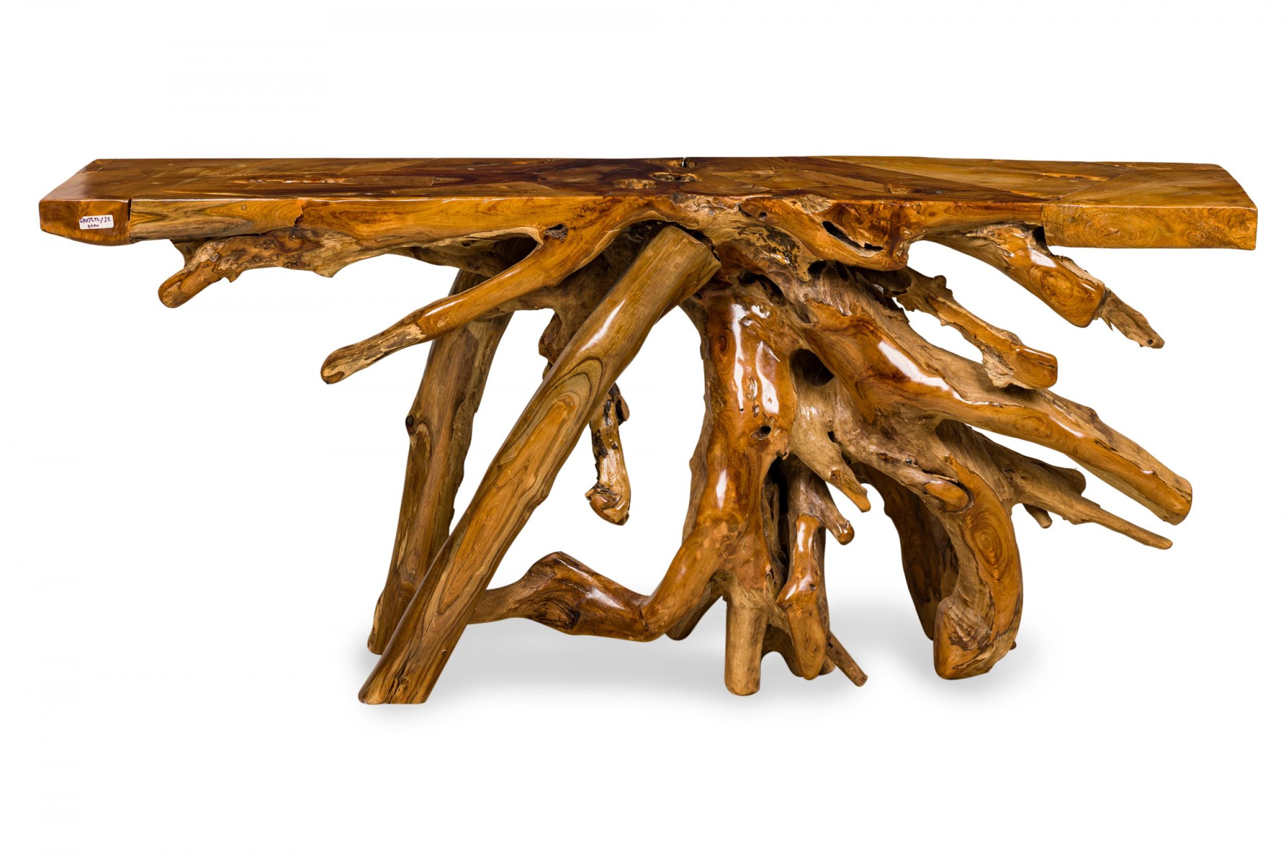 Wood Rustic Tree Root Live Edge Lacquered Console Table For Sale