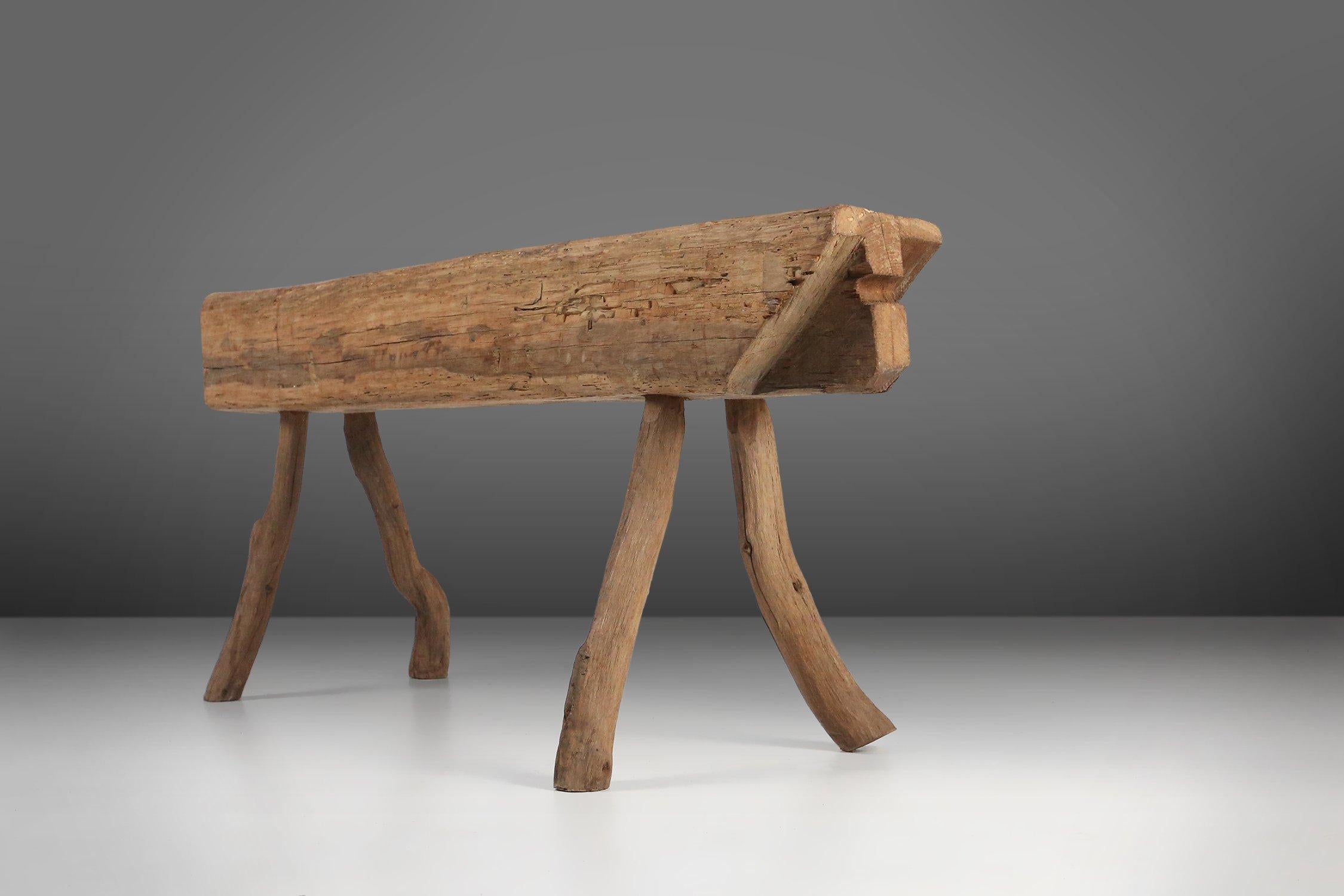 Hand-Carved Rustic Tree Trunk Bench, France 1850s For Sale