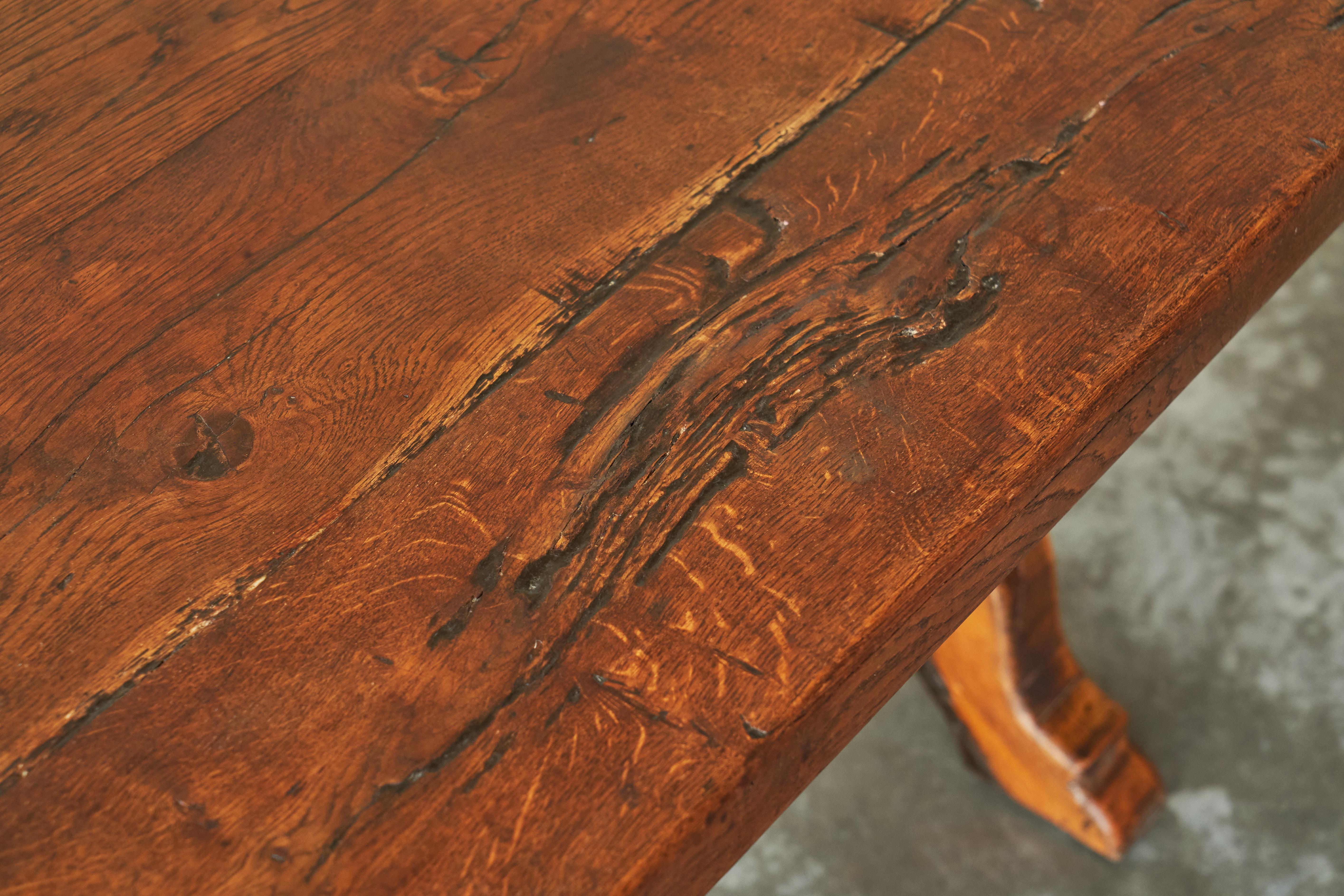 Primitive Rustic Trestle Coffee Table in Solid Oak Late 19th Century For Sale