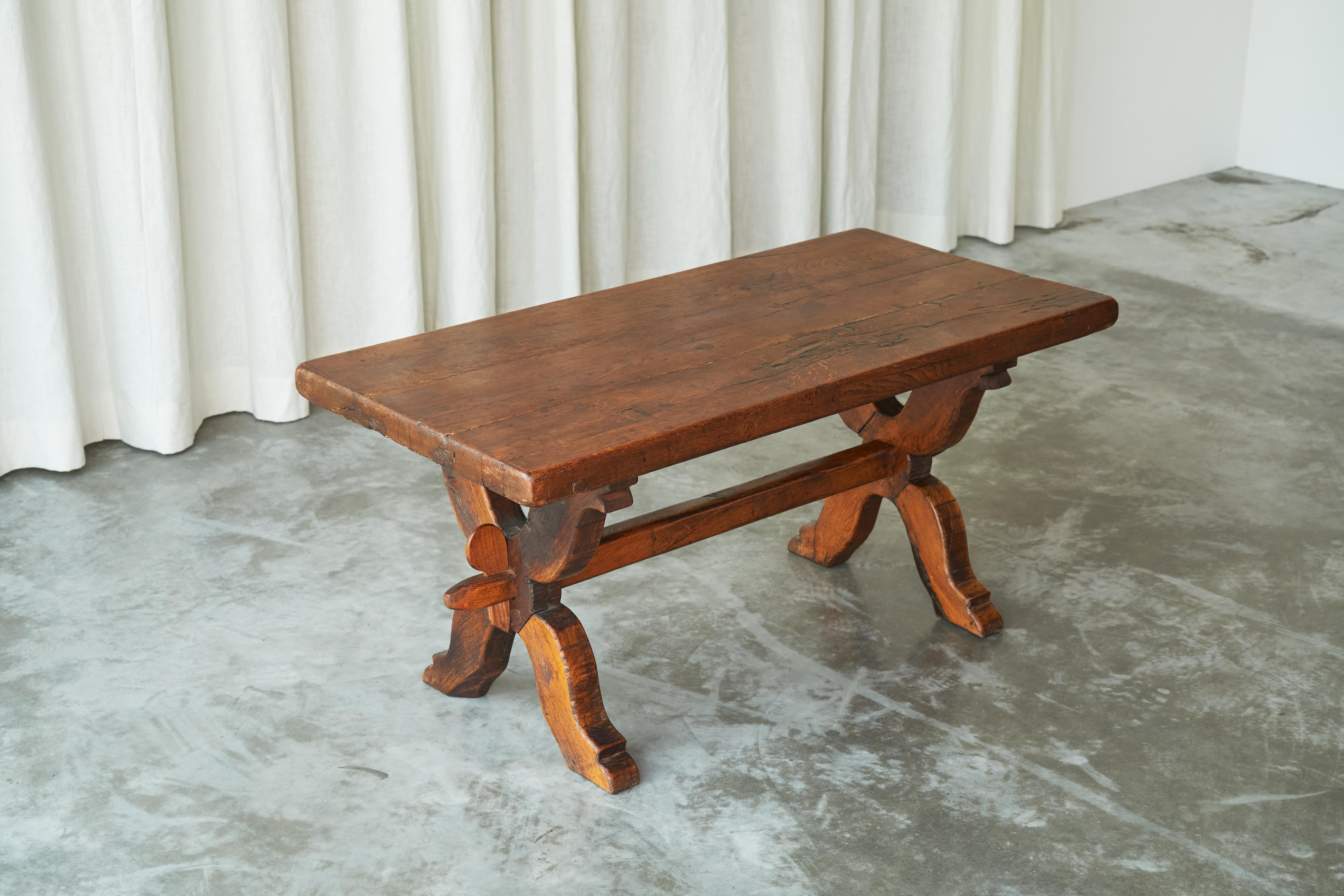 European Rustic Trestle Coffee Table in Solid Oak Late 19th Century For Sale