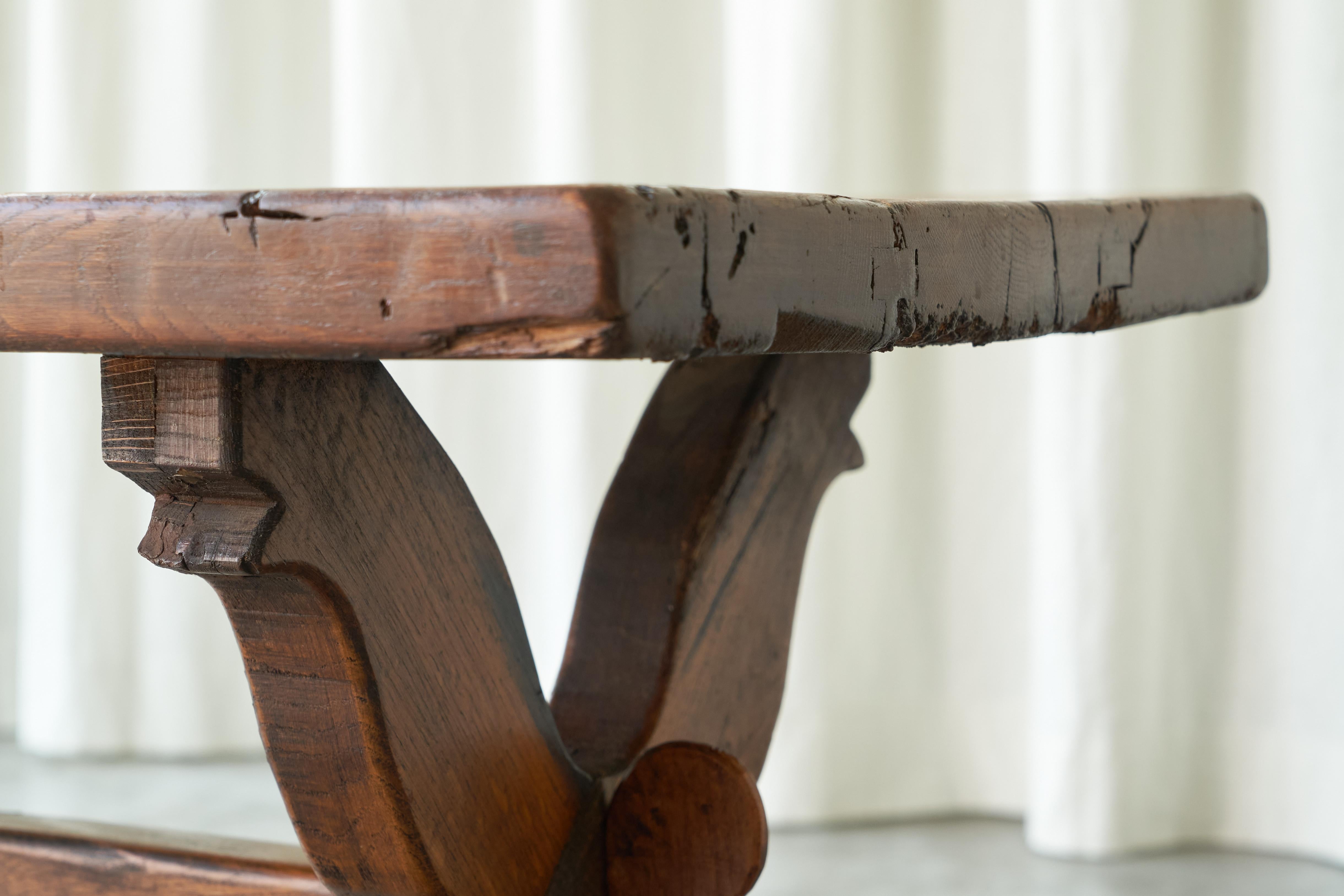 Rustic Trestle Coffee Table in Solid Oak Late 19th Century For Sale 3