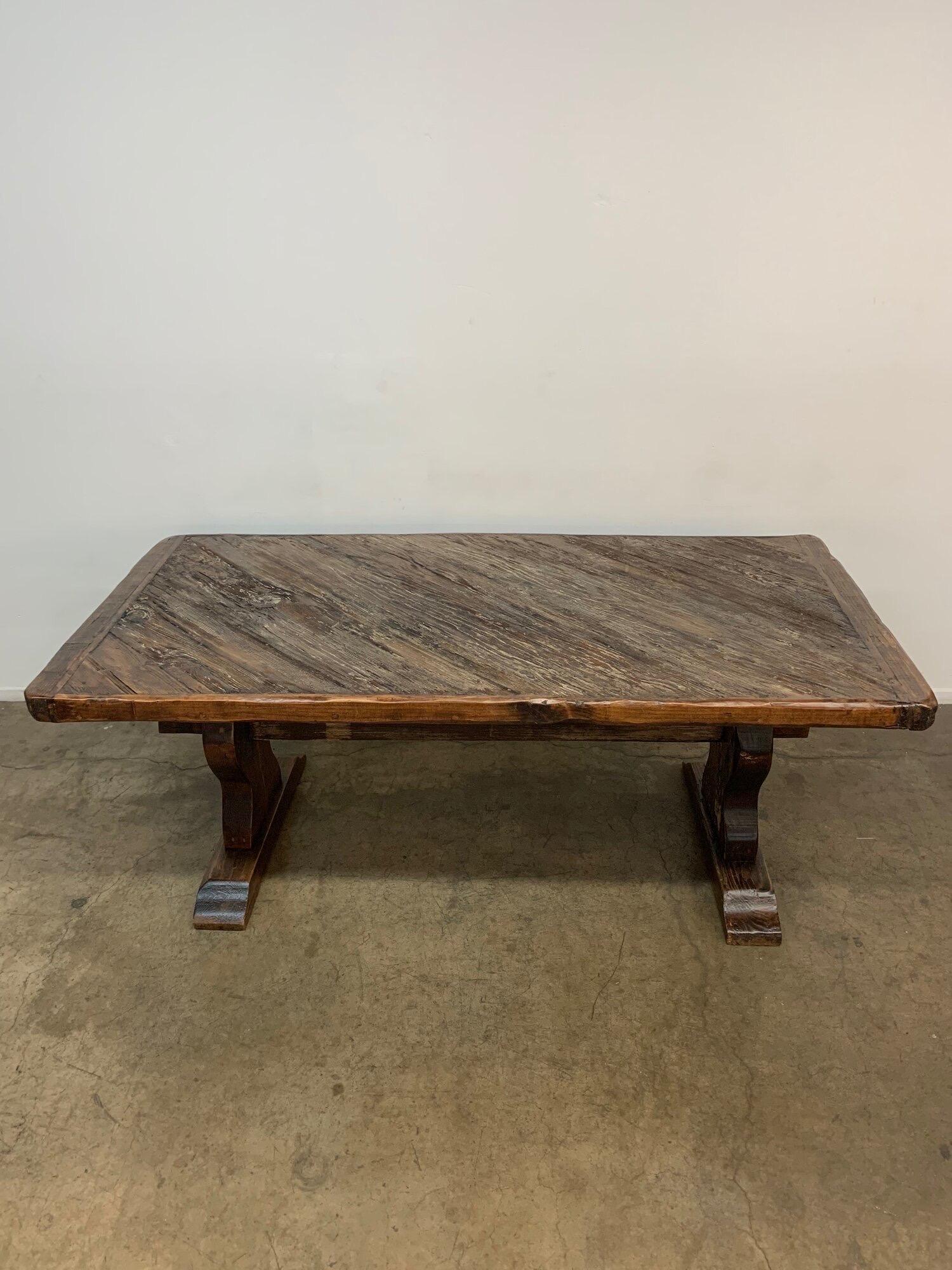 Measures: W77.5, D38.5, H30, KC27

Lightly restored solid wooden rustic dining table. Item has been washed and lightly sanded to remove grime and dirt. Table has new coats of sealer for added protection. Item is strong and sturdy.