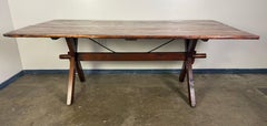 Rustic Trestle Dining Table with Handcrafted Plank Top, Mid-20th Century