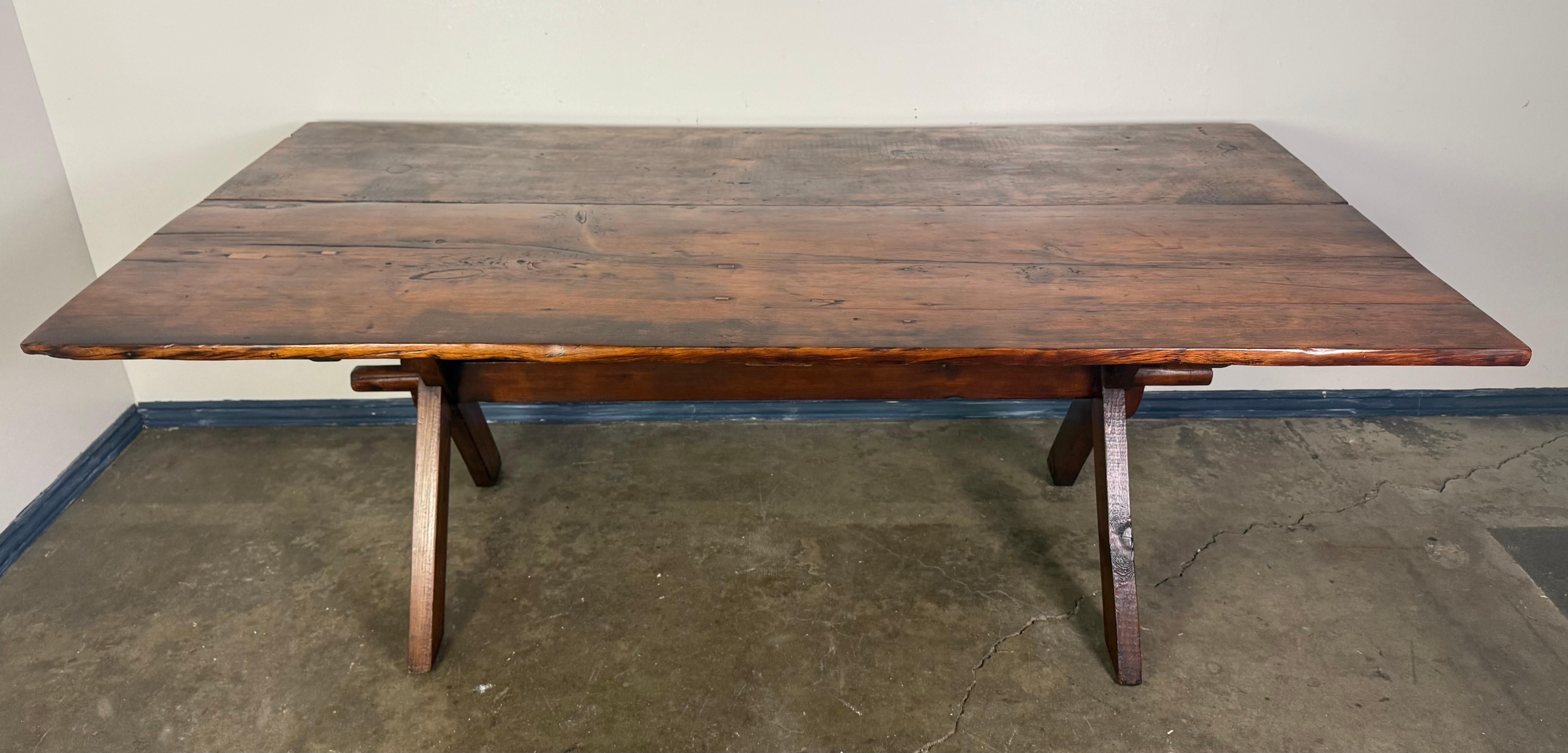 French Provincial Rustic Trestle Dining Table with Handcrafted Plank Top, Mid-20th Century For Sale
