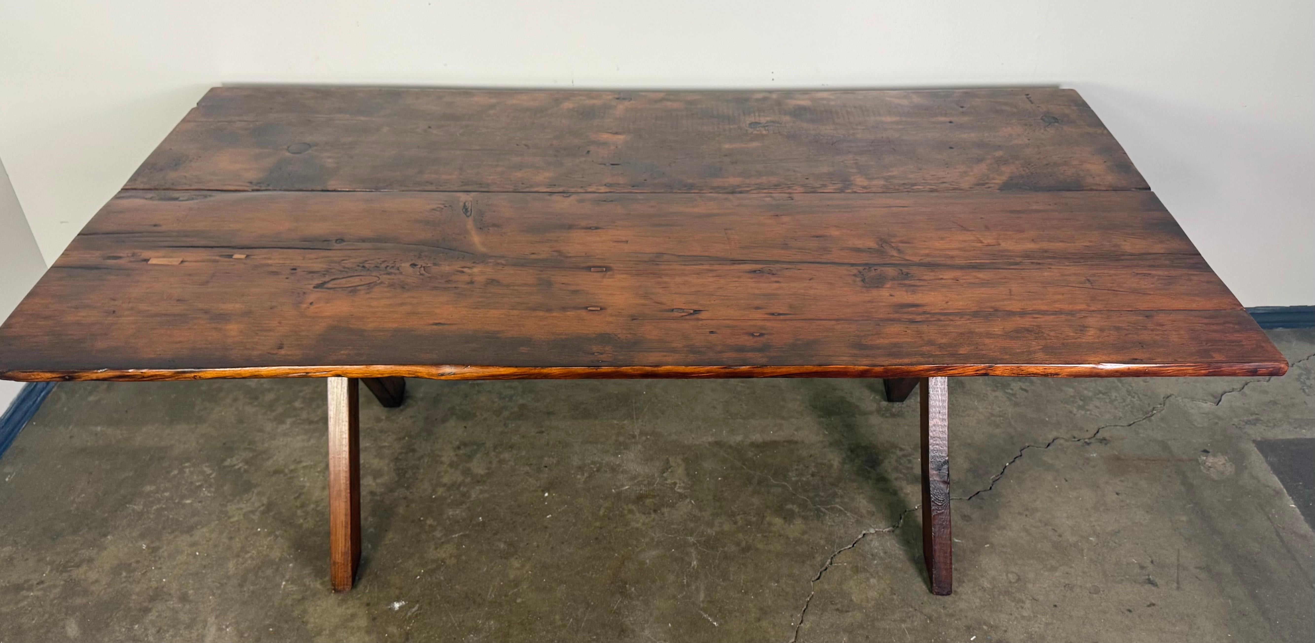 French Rustic Trestle Dining Table with Handcrafted Plank Top, Mid-20th Century For Sale
