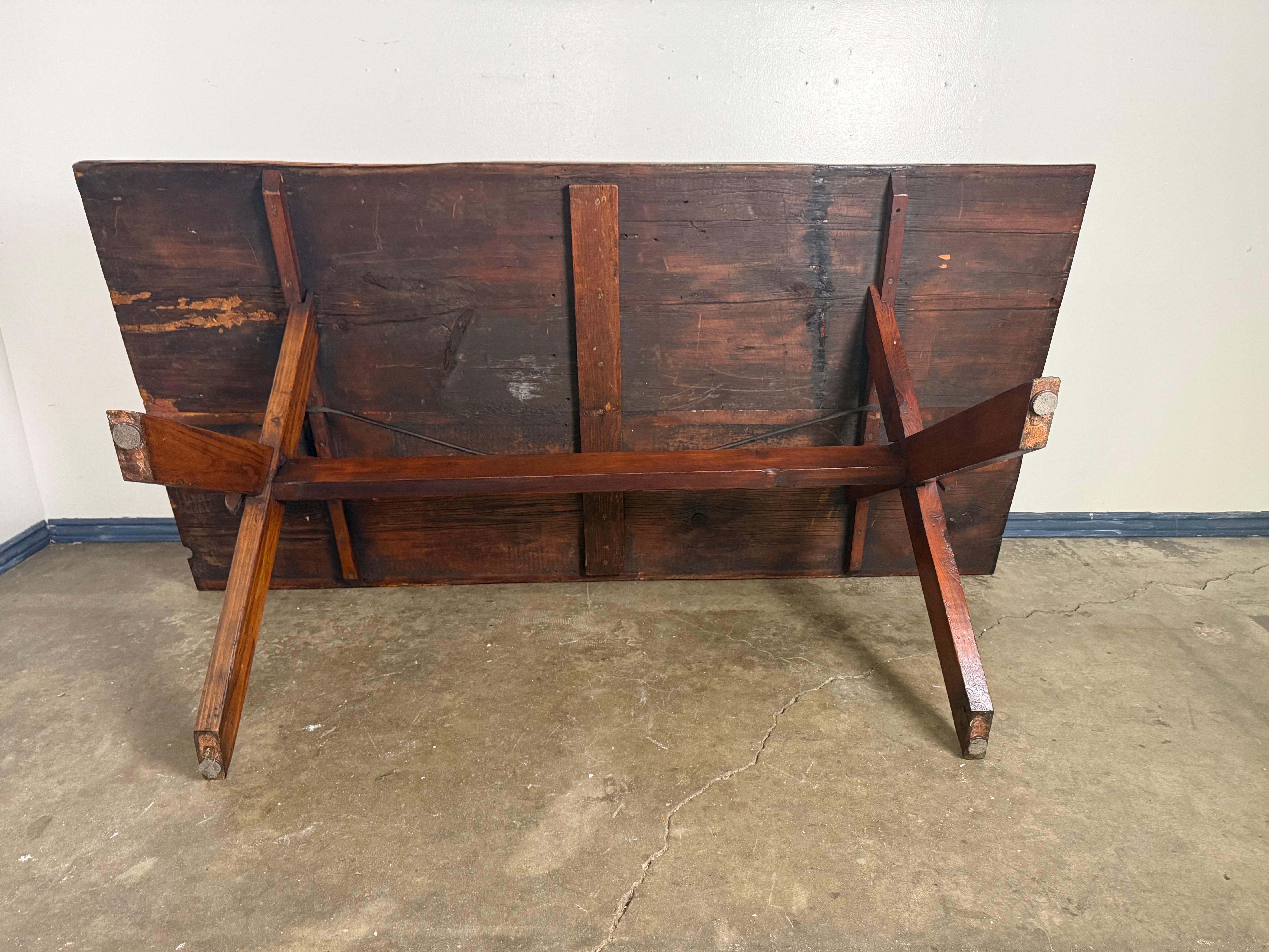 Rustic Trestle Dining Table with Handcrafted Plank Top, Mid-20th Century For Sale 3