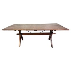 Used Rustic Trestle Dining Table with Handcrafted Plank Top, Mid-20th Century