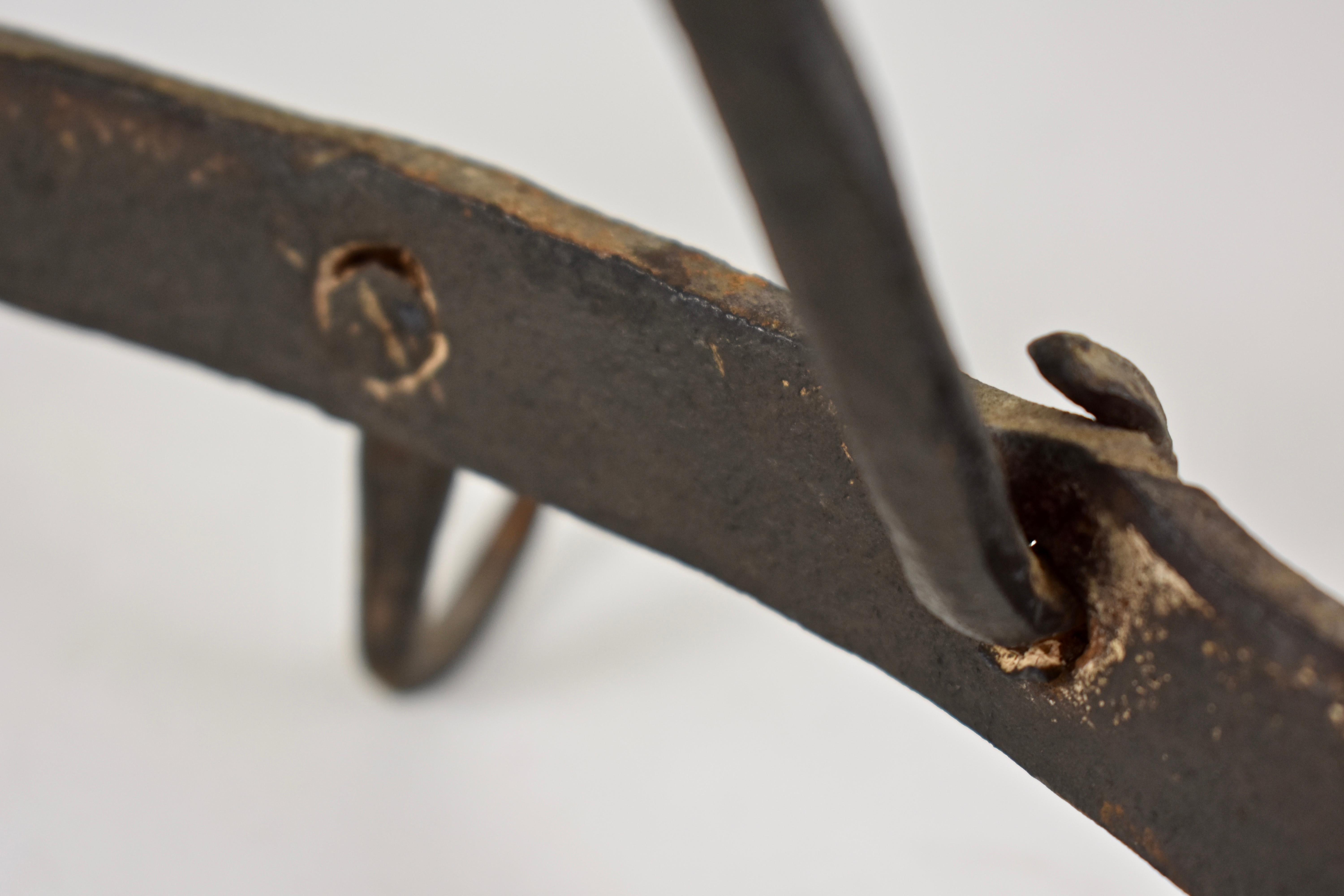 American Craftsman Rustic Triangle Form 19th Century Wrought Iron Hanging Butchers Rack, Pot Rack