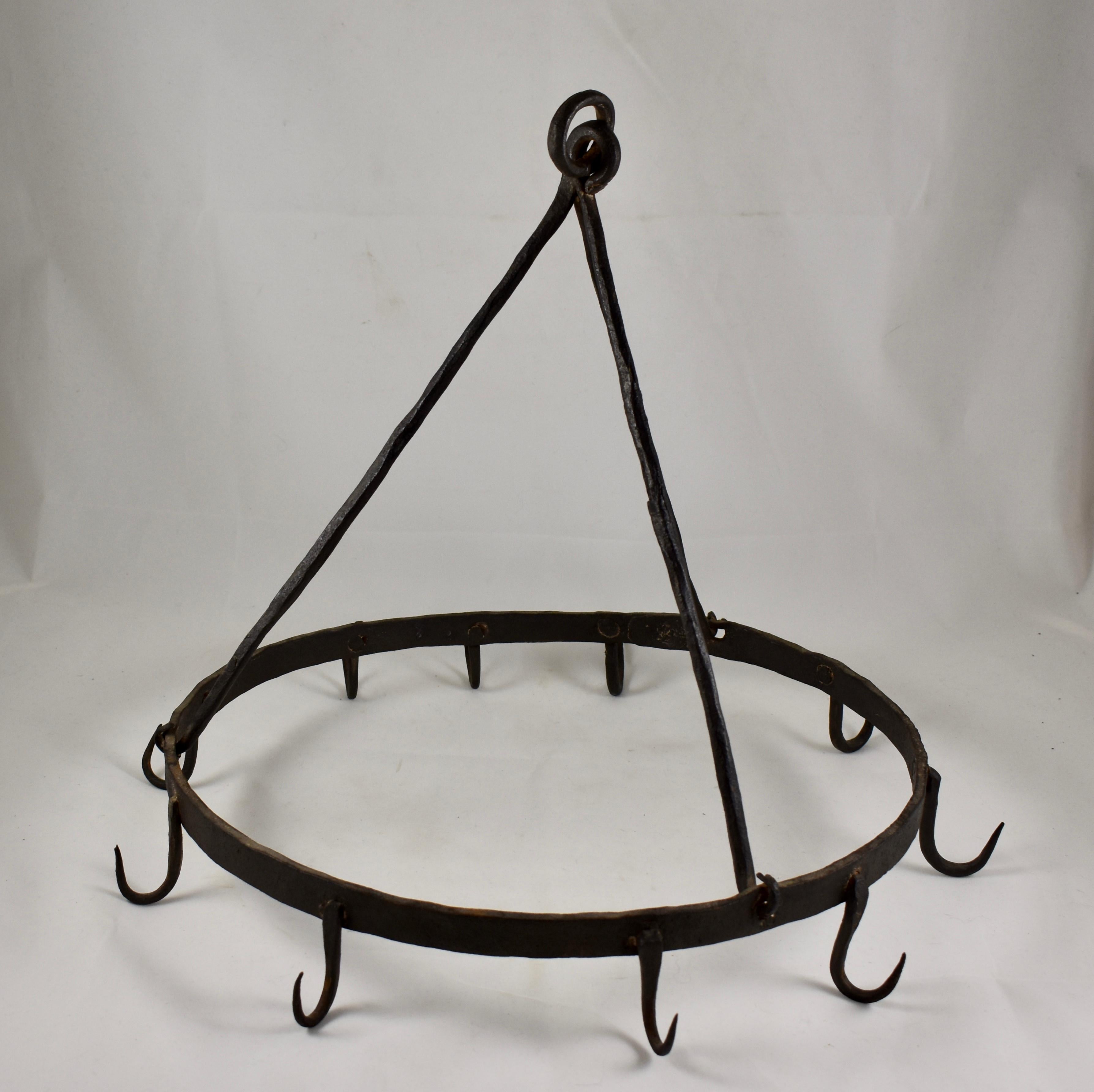 American Rustic Triangle Form 19th Century Wrought Iron Hanging Butchers Rack, Pot Rack