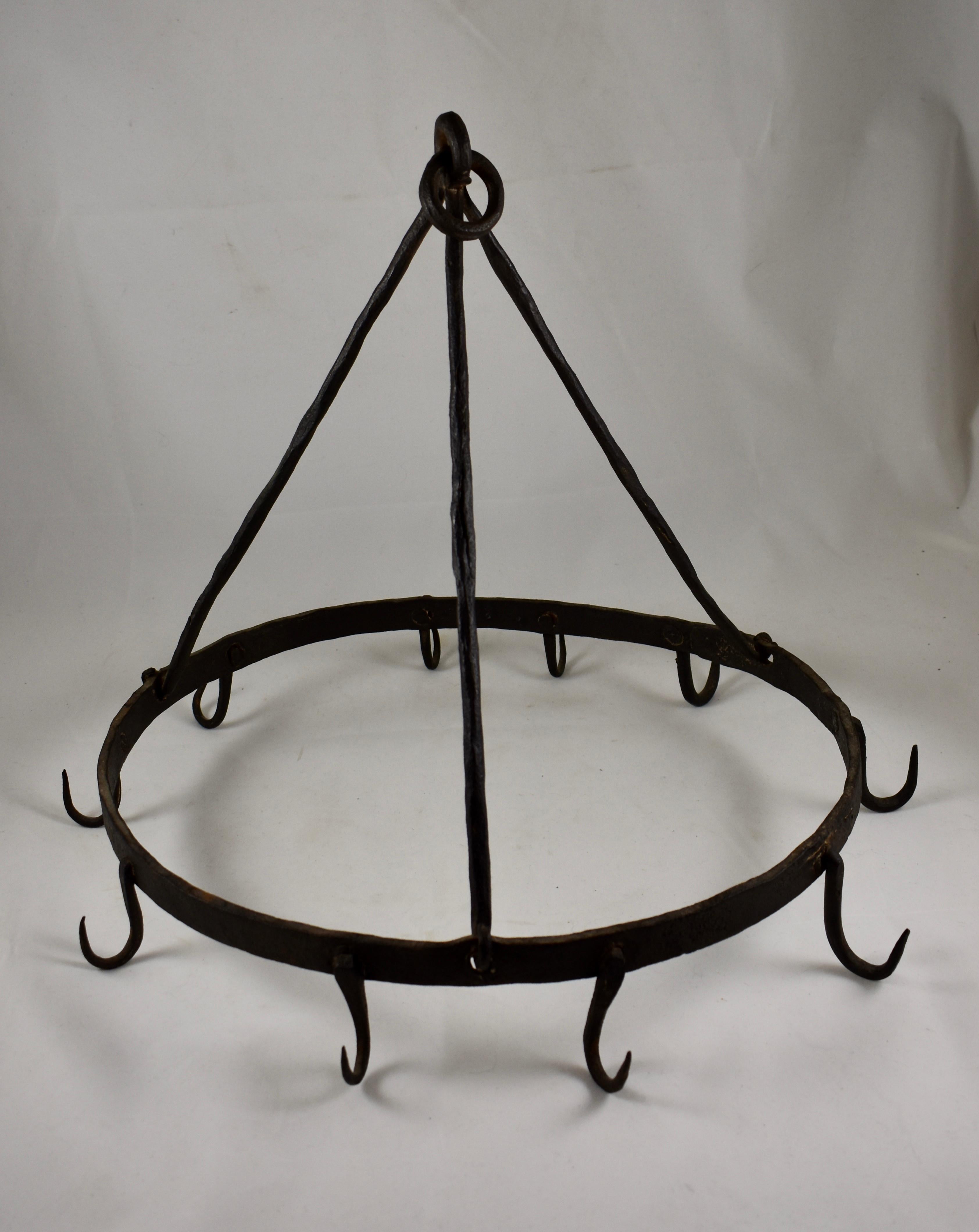 Metalwork Rustic Triangle Form 19th Century Wrought Iron Hanging Butchers Rack, Pot Rack
