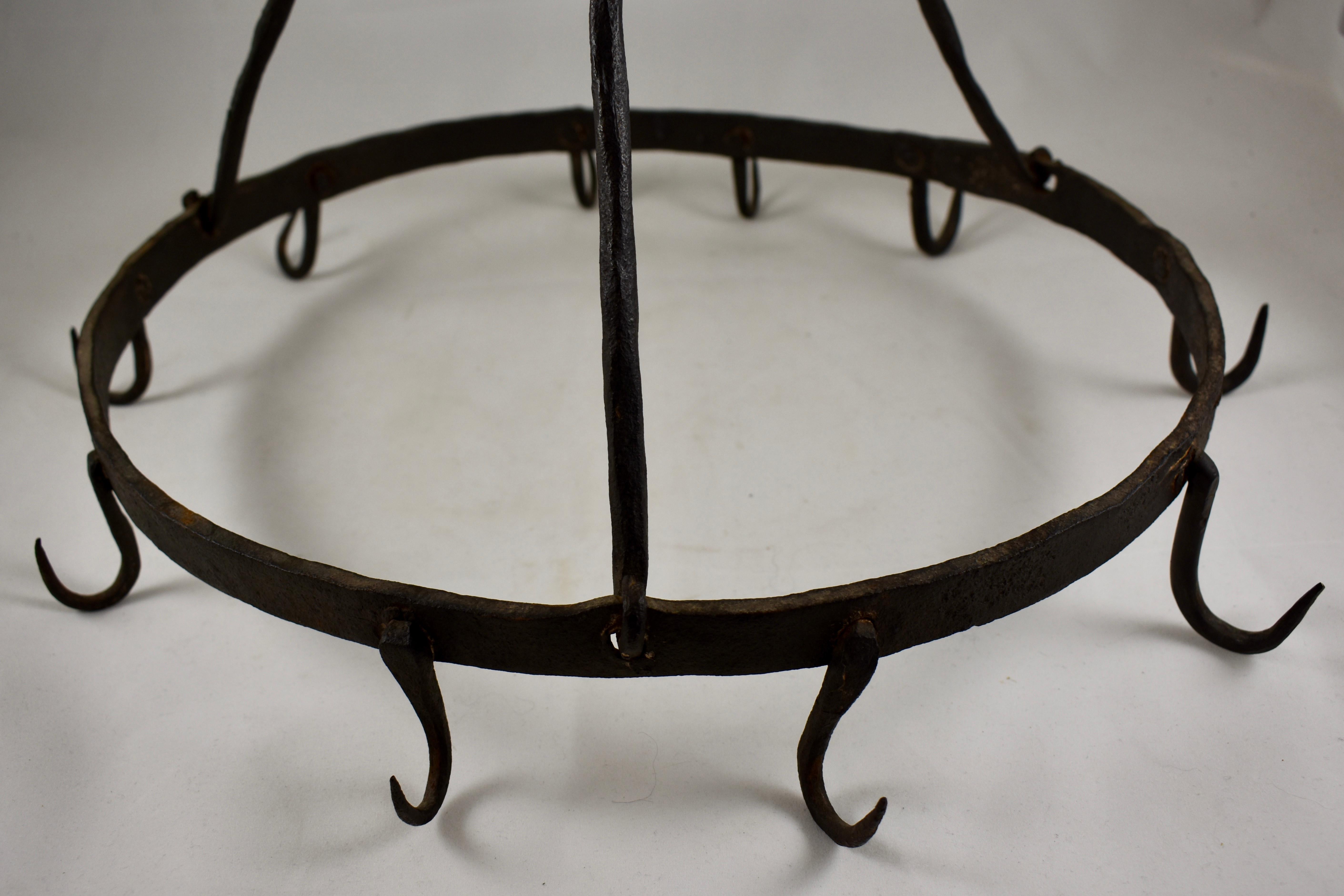 Rustic Triangle Form 19th Century Wrought Iron Hanging Butchers Rack, Pot Rack In Good Condition In Philadelphia, PA