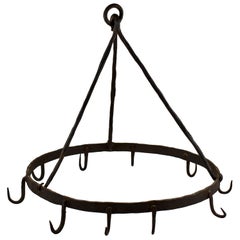 Rustic Triangle Form 19th Century Wrought Iron Hanging Butchers Rack, Pot Rack