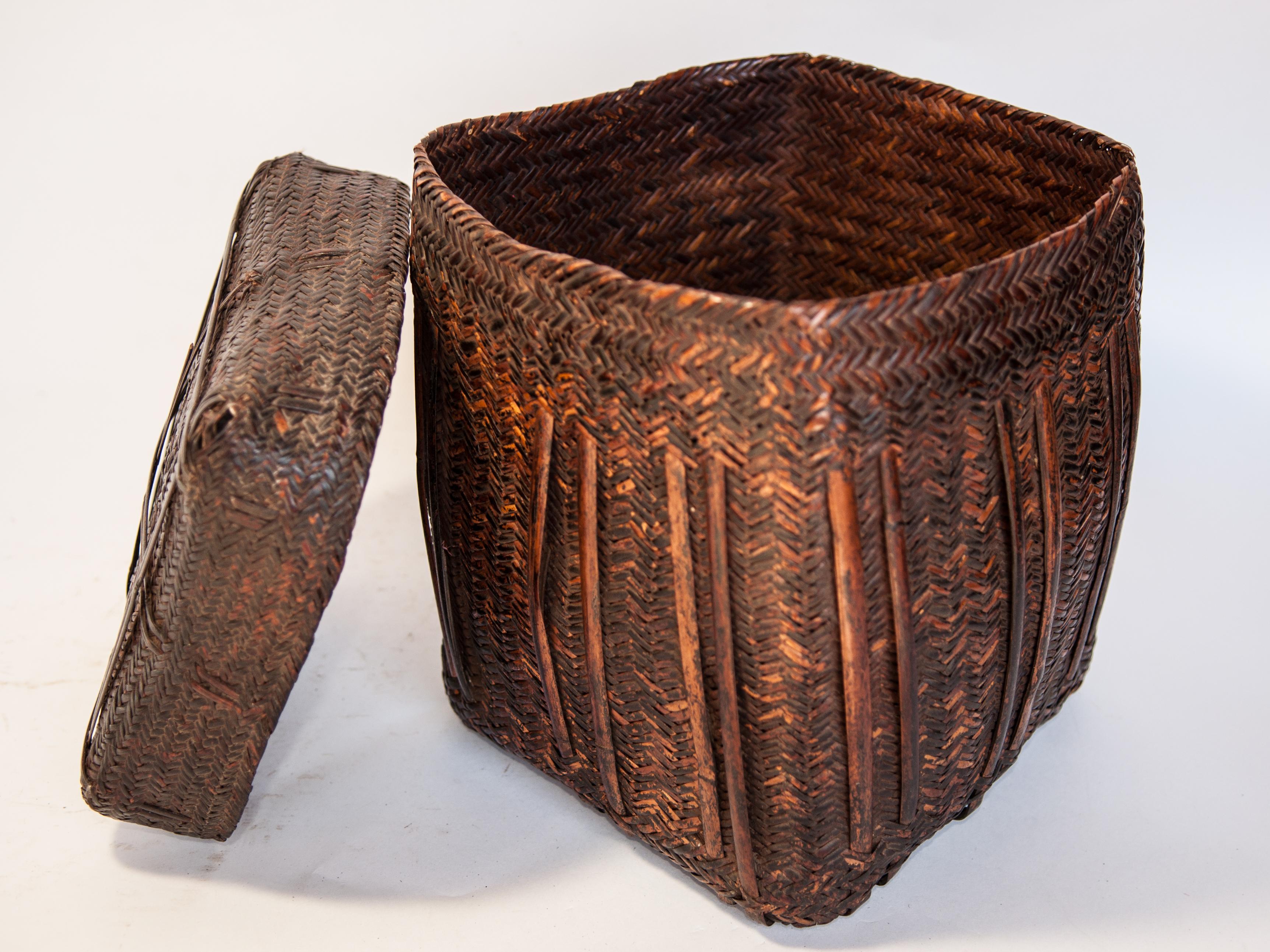 Rustic Tribal Storage Basket with Lid from the Tamang of Nepal, Mid-20th Century 4