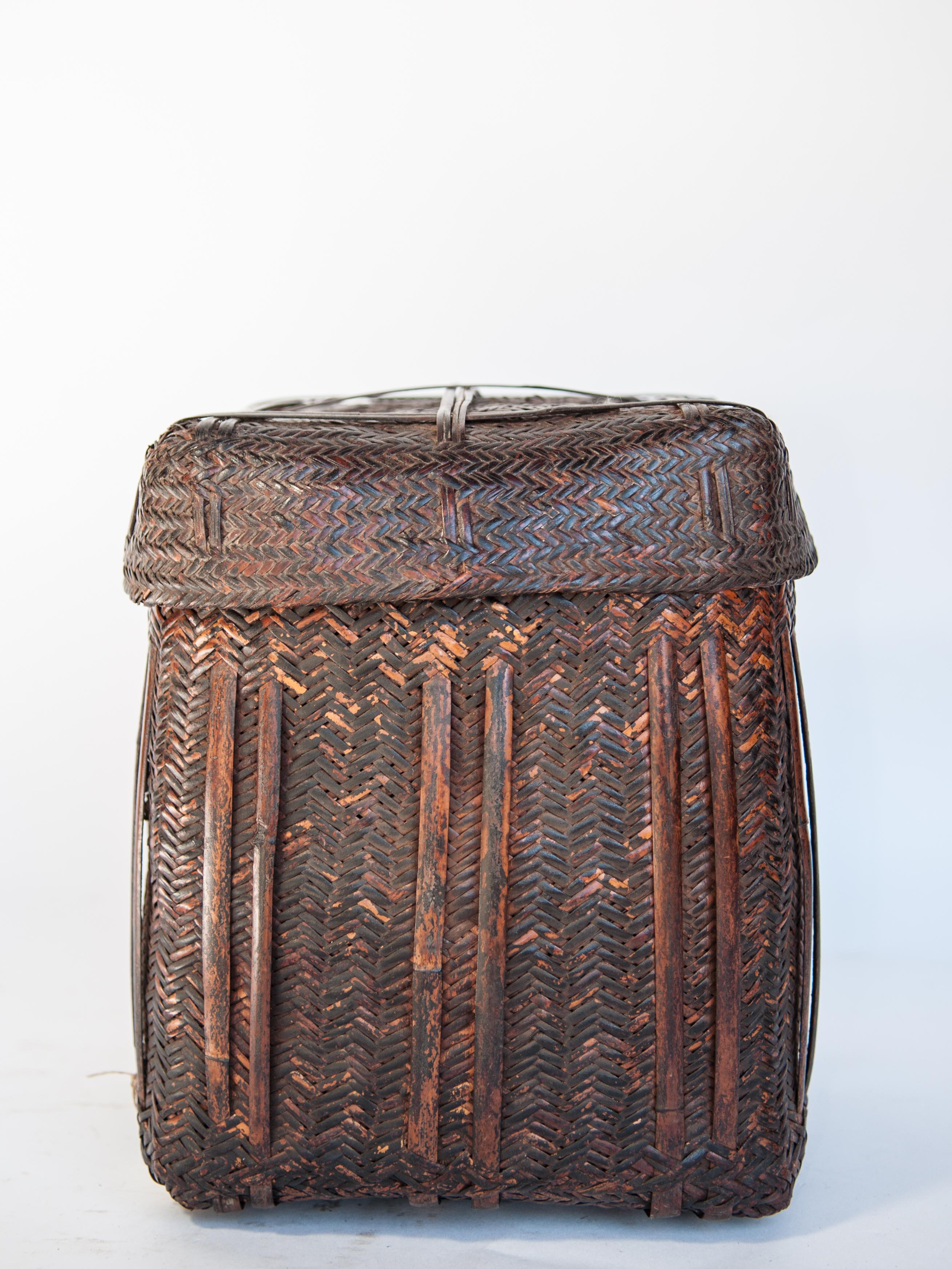 Nepalese Rustic Tribal Storage Basket with Lid from the Tamang of Nepal, Mid-20th Century