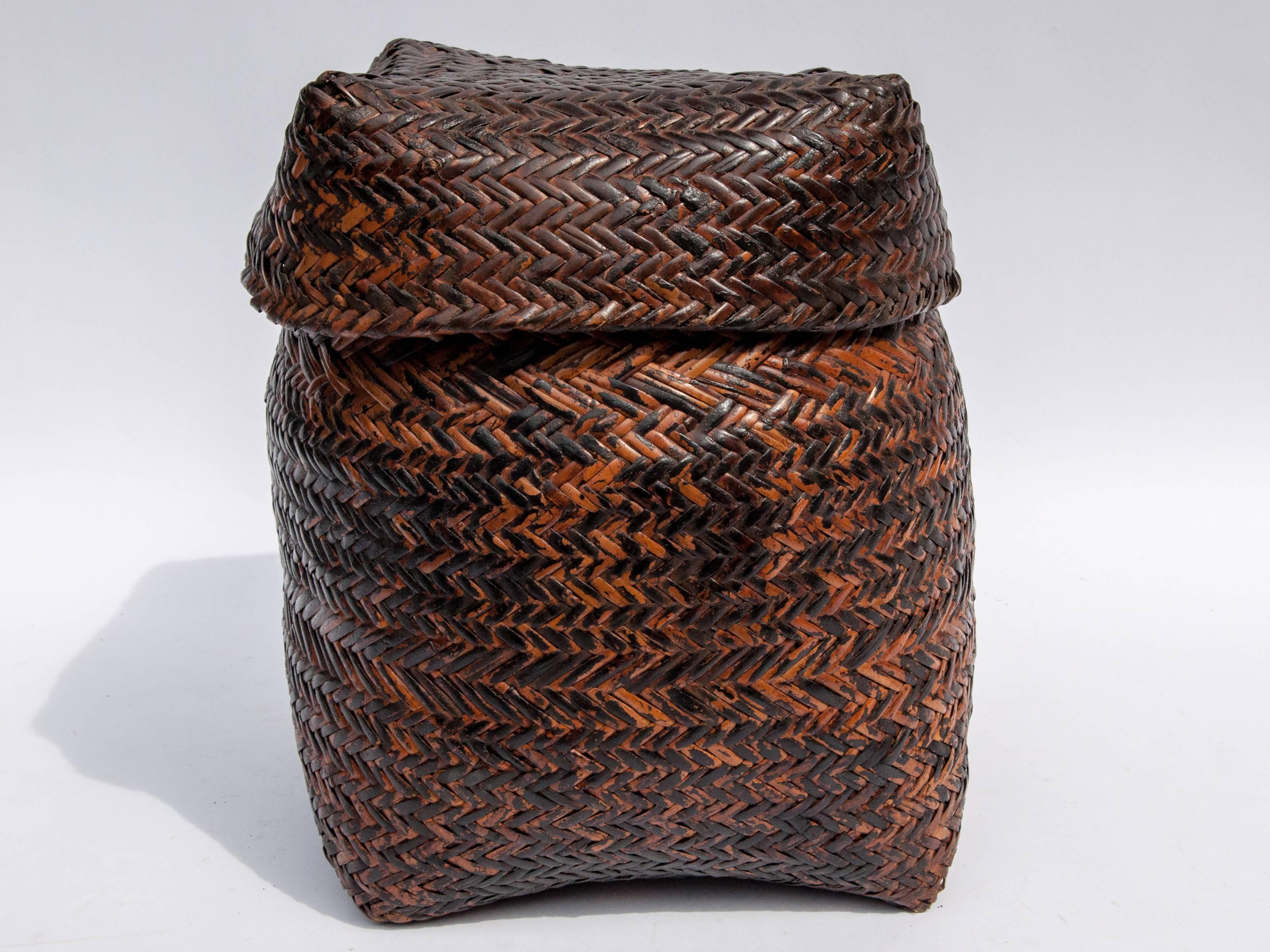 Bamboo Rustic Tribal Storage Basket with Lid from the Tamang of Nepal, Mid-20th Century