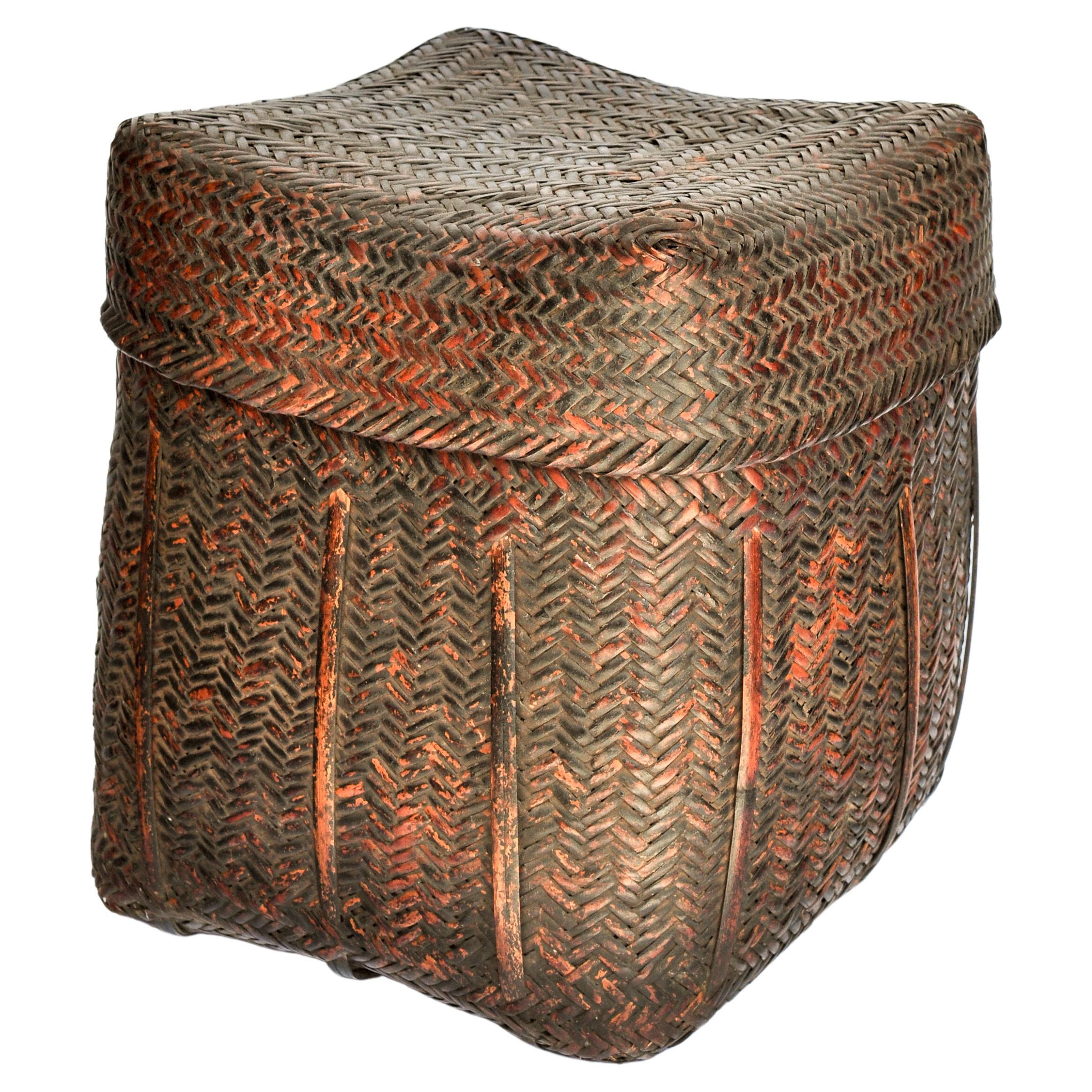 Rustic Tribal Storage Basket with Lid from the Tamang of Nepal, Mid-20th Century