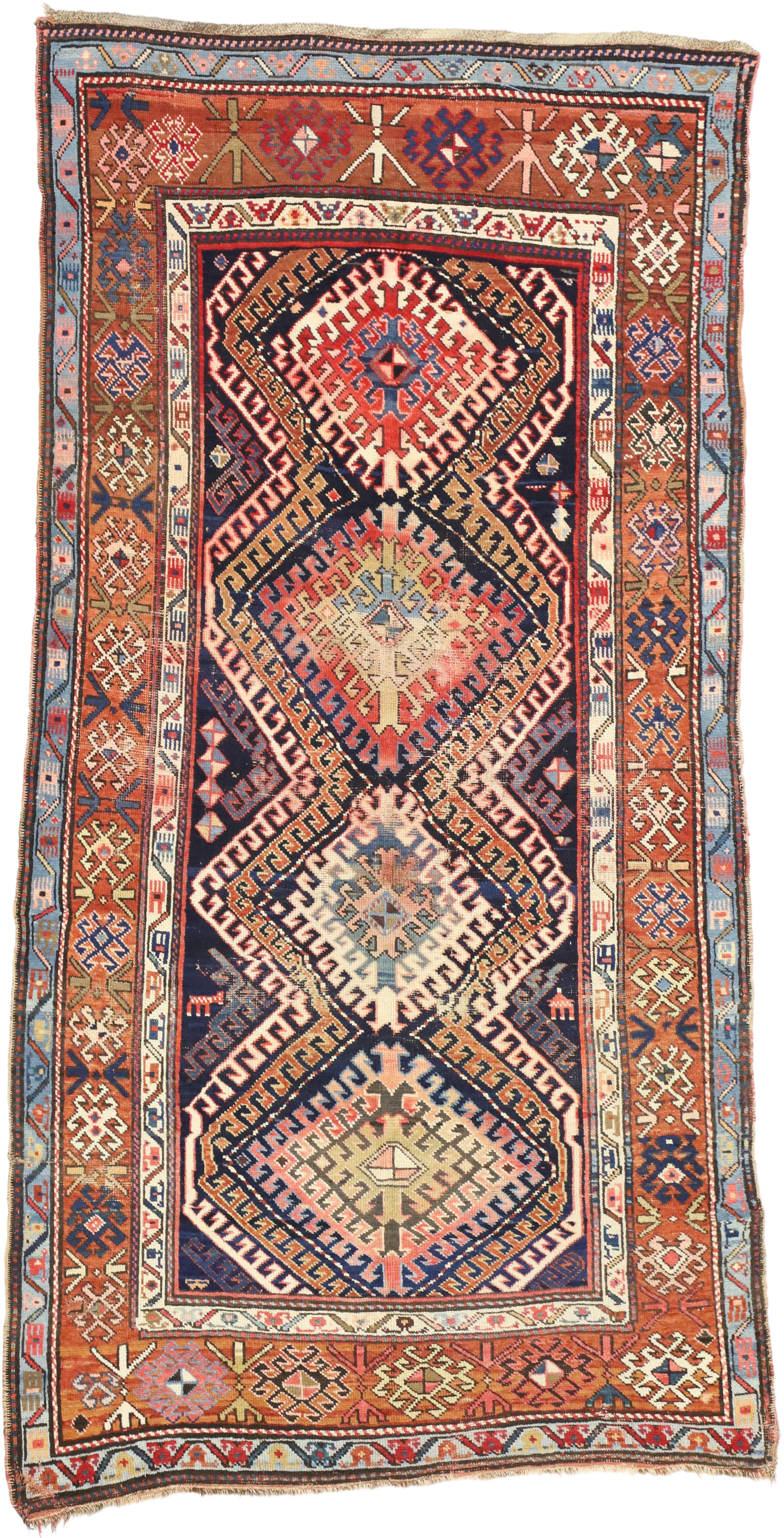 Rustic Tribal Style Antique Caucasian Bordjalou Kazak Rug, Wide Hallway Runner For Sale