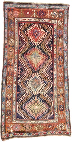 Rustikaler antiker kaukasischer Bordjalou Kazak-Teppich im Stammesstil, breiter Flur-Läufer