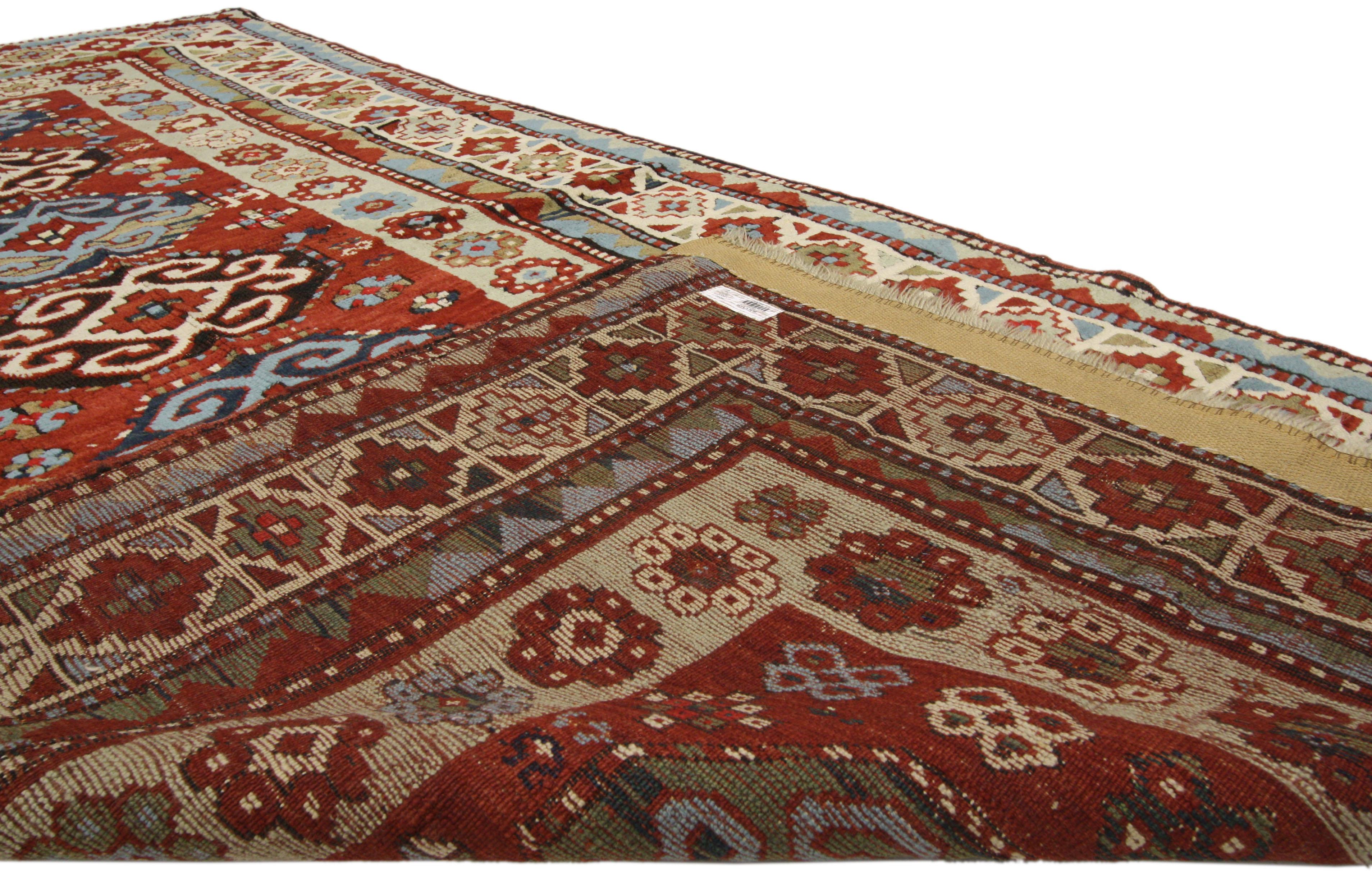 Hand-Knotted Rustic Tribal Style Antique Caucasian Kazak Rug, Wide Hallway Runner