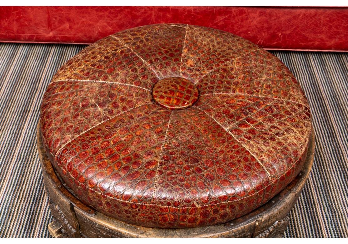 20th Century Rustic Tribal Style Leather & Wood Ottoman
