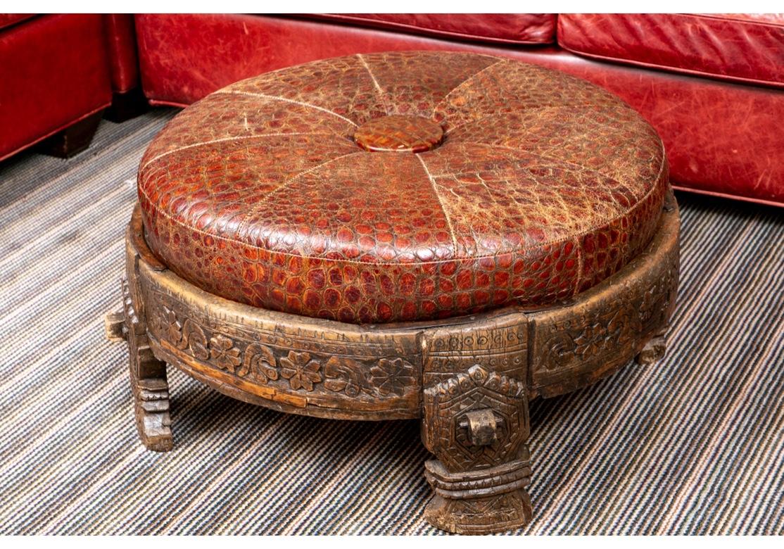 Rustic Tribal Style Leather & Wood Ottoman 1