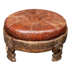 Rustic Tribal Style Leather & Wood Ottoman