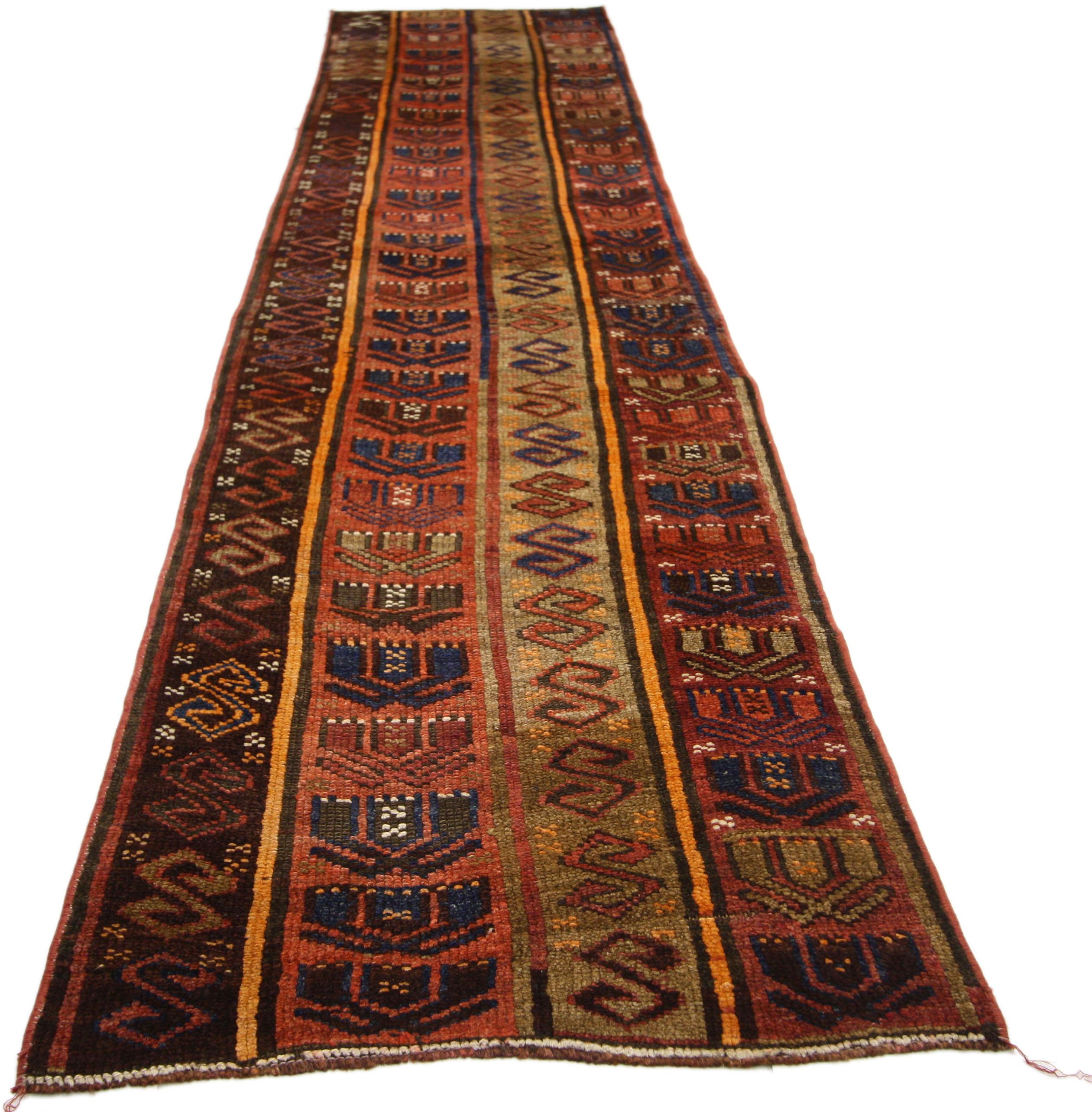 Hand-Knotted Rustic Tribal Style Vintage Turkish Oushak Runner, Narrow Hallway Runner For Sale