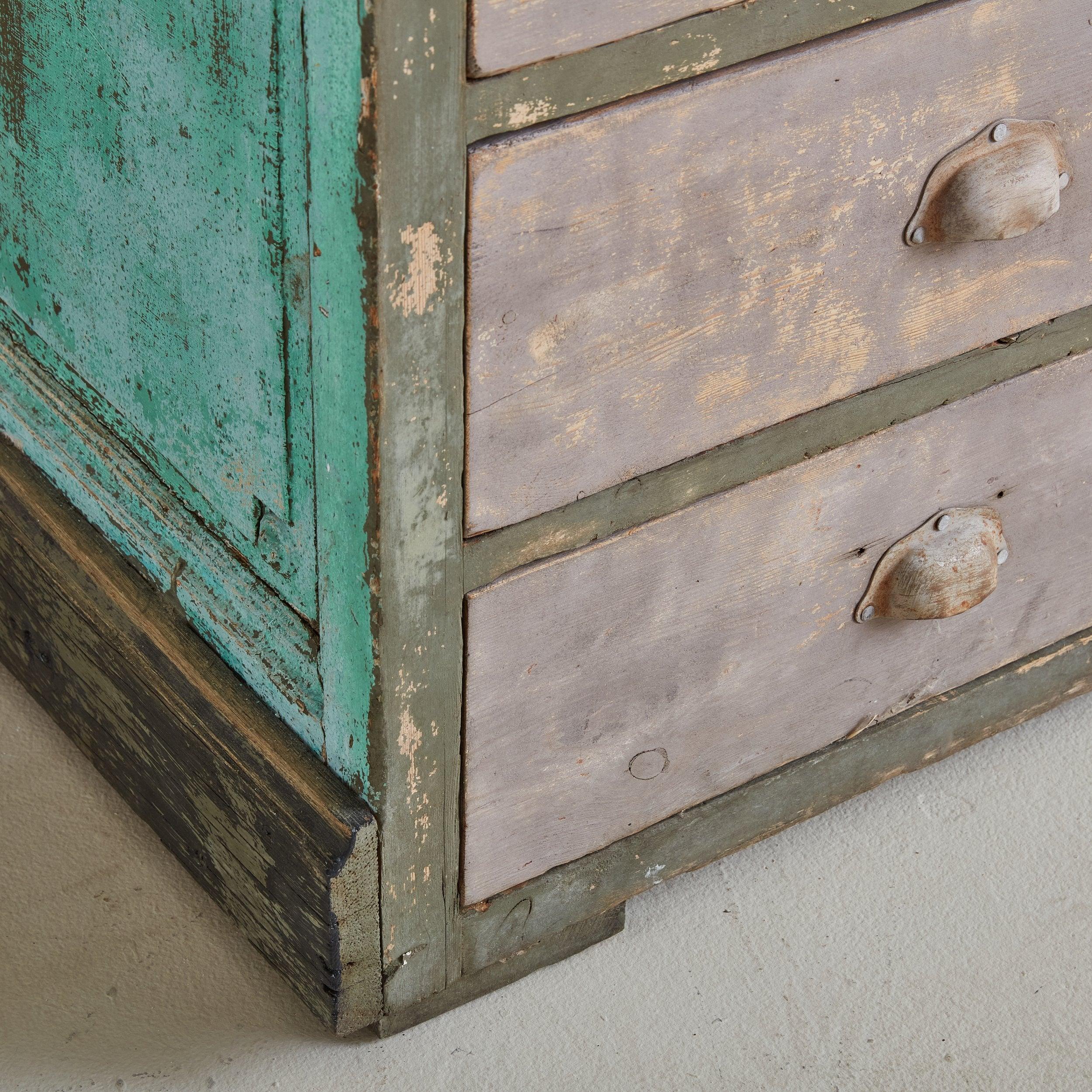Rustic Turquoise + Beige Wood Chest of Drawers, 20th Century 8