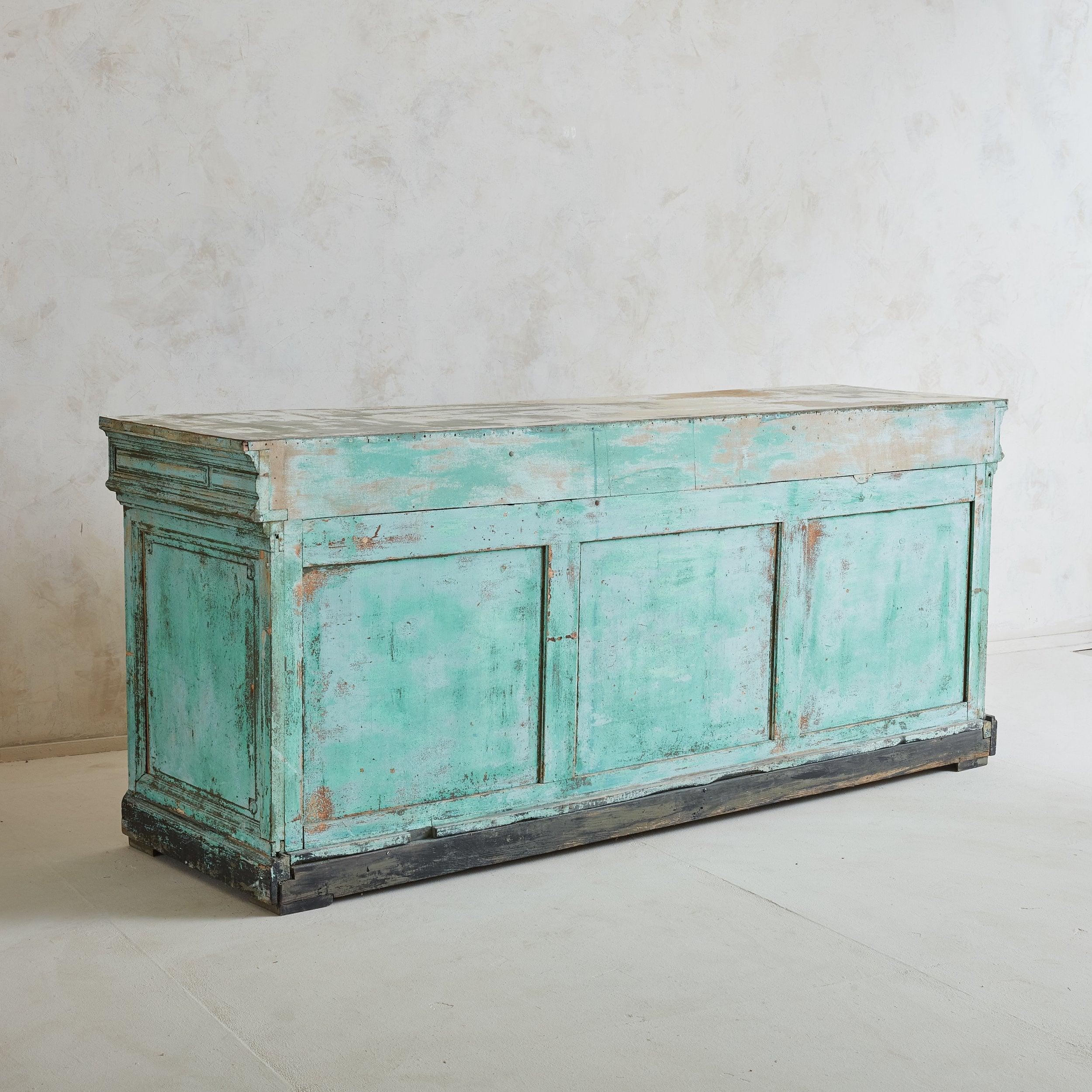 Rustic Turquoise + Beige Wood Chest of Drawers, 20th Century 1