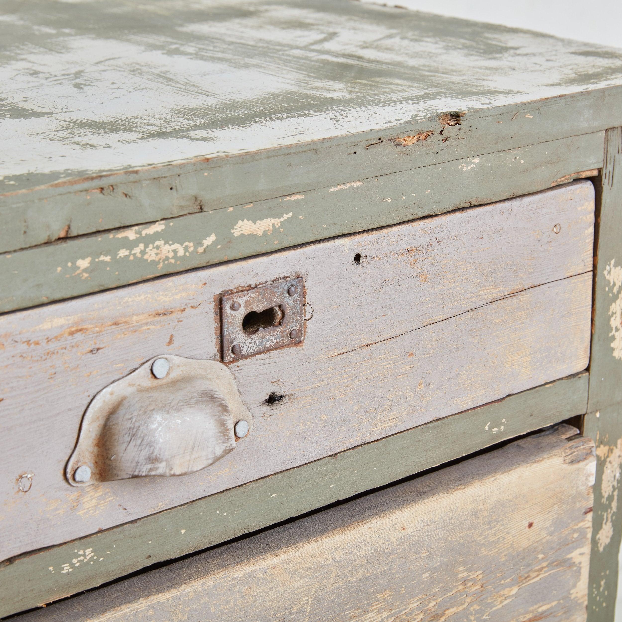 Rustic Turquoise + Beige Wood Chest of Drawers, 20th Century 2