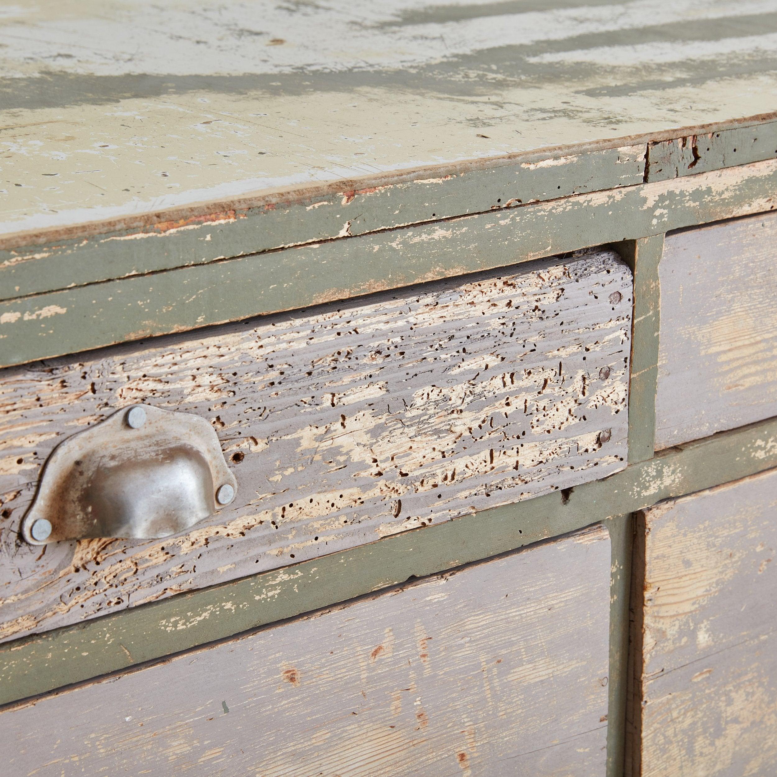 Rustic Turquoise + Beige Wood Chest of Drawers, 20th Century 5
